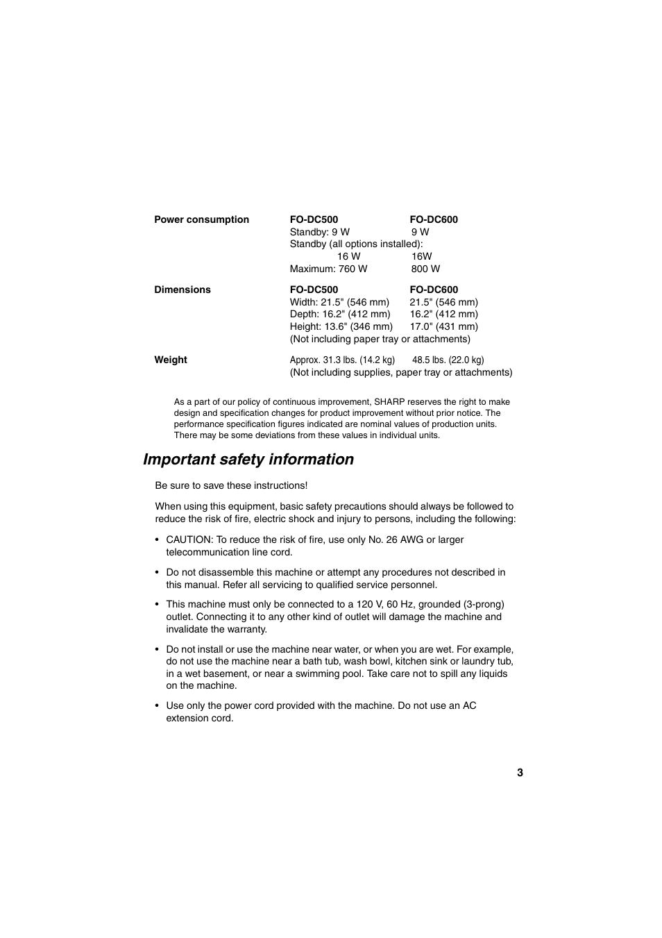 Important safety information | Sharp FO-DC500 User Manual | Page 5 / 236