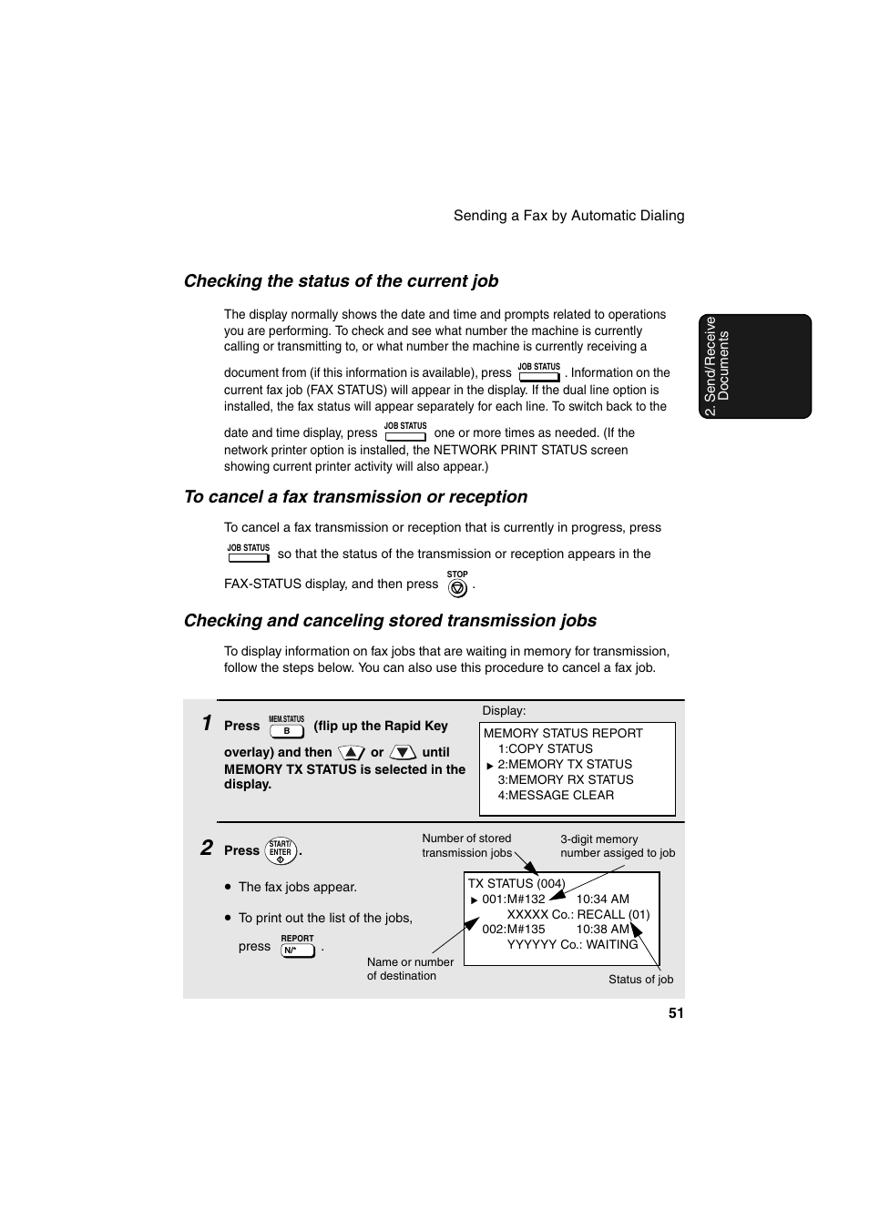 Checking the status of the current job, Checking and canceling stored transmission jobs | Sharp FO-DC500 User Manual | Page 53 / 236