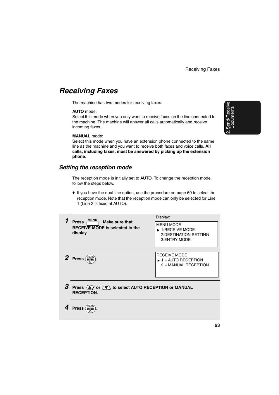 Receiving faxes, Setting the reception mode | Sharp FO-DC500 User Manual | Page 65 / 236