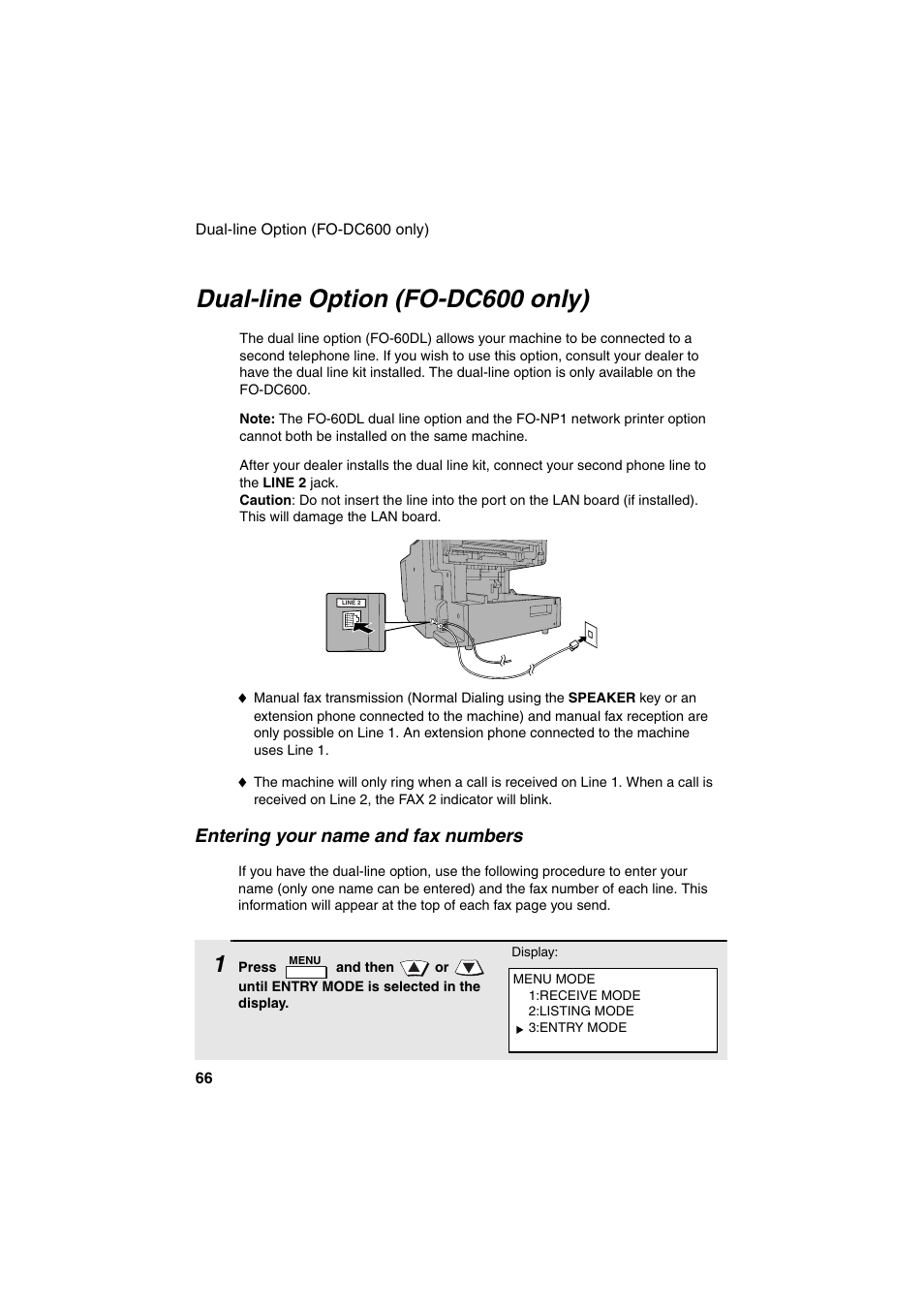 Dual-line option (fo-dc600 only), Entering your name and fax numbers | Sharp FO-DC500 User Manual | Page 68 / 236