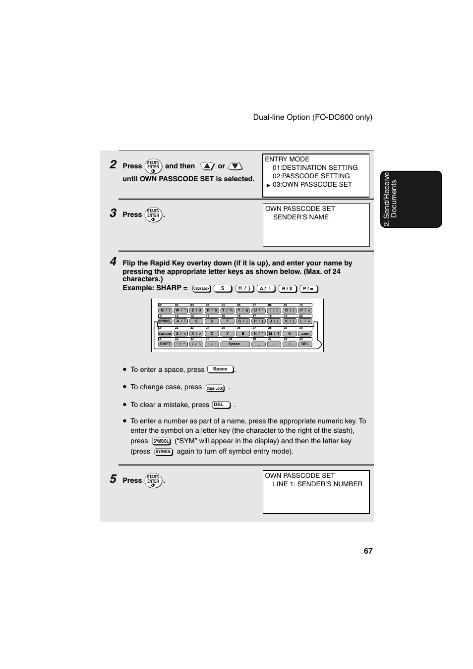 Press, Own passcode set line 1: sender’s number | Sharp FO-DC500 User Manual | Page 69 / 236