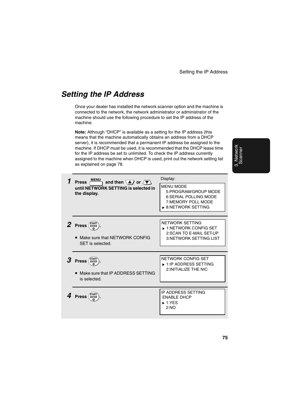 Setting the ip address | Sharp FO-DC500 User Manual | Page 77 / 236