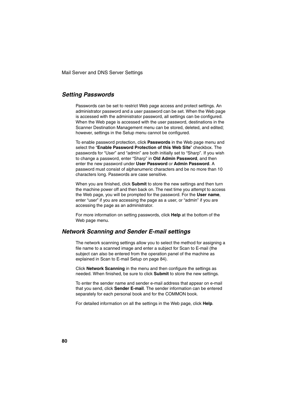 Setting passwords, Network scanning and sender e-mail settings | Sharp FO-DC500 User Manual | Page 82 / 236