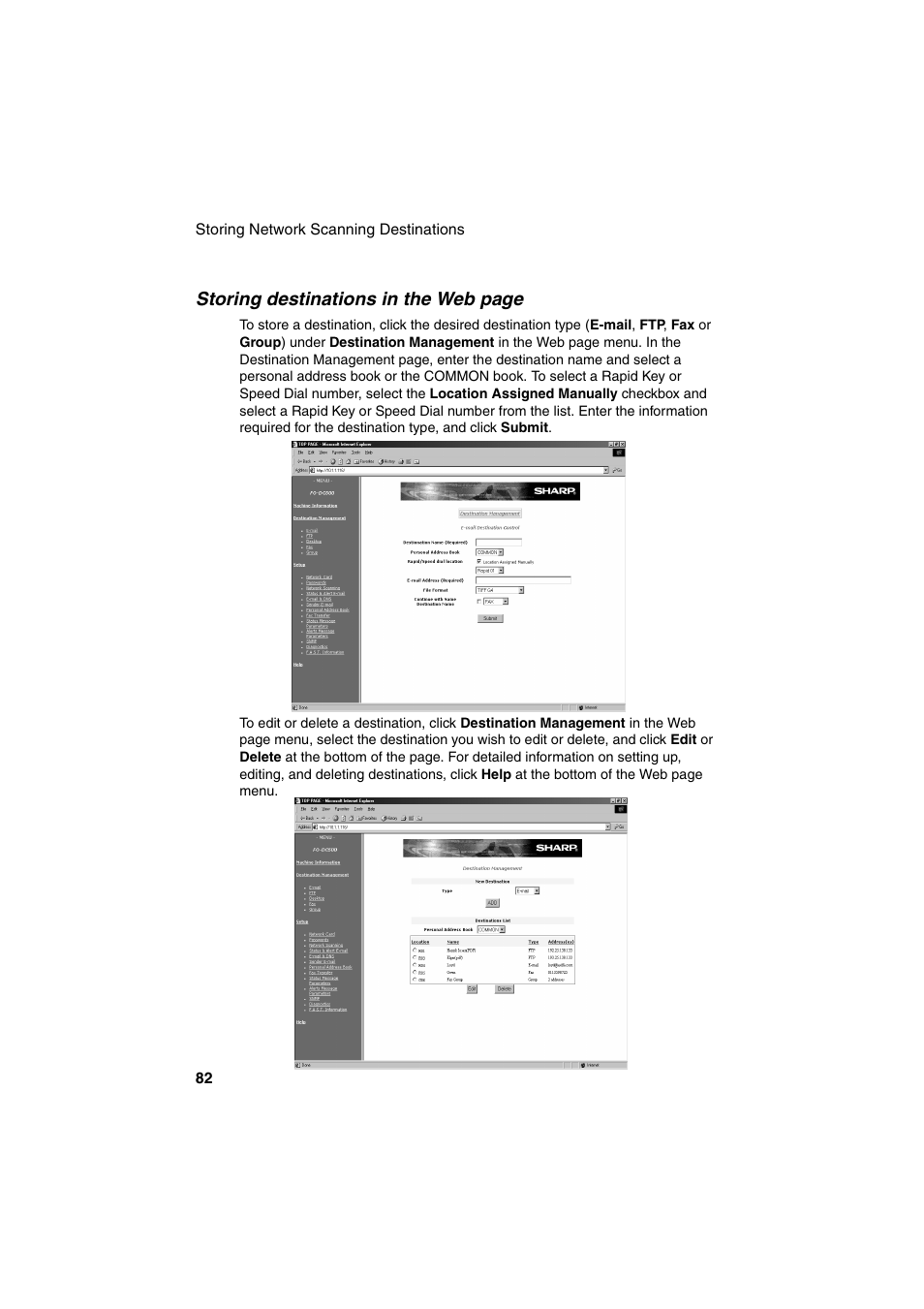 Storing destinations in the web page | Sharp FO-DC500 User Manual | Page 84 / 236