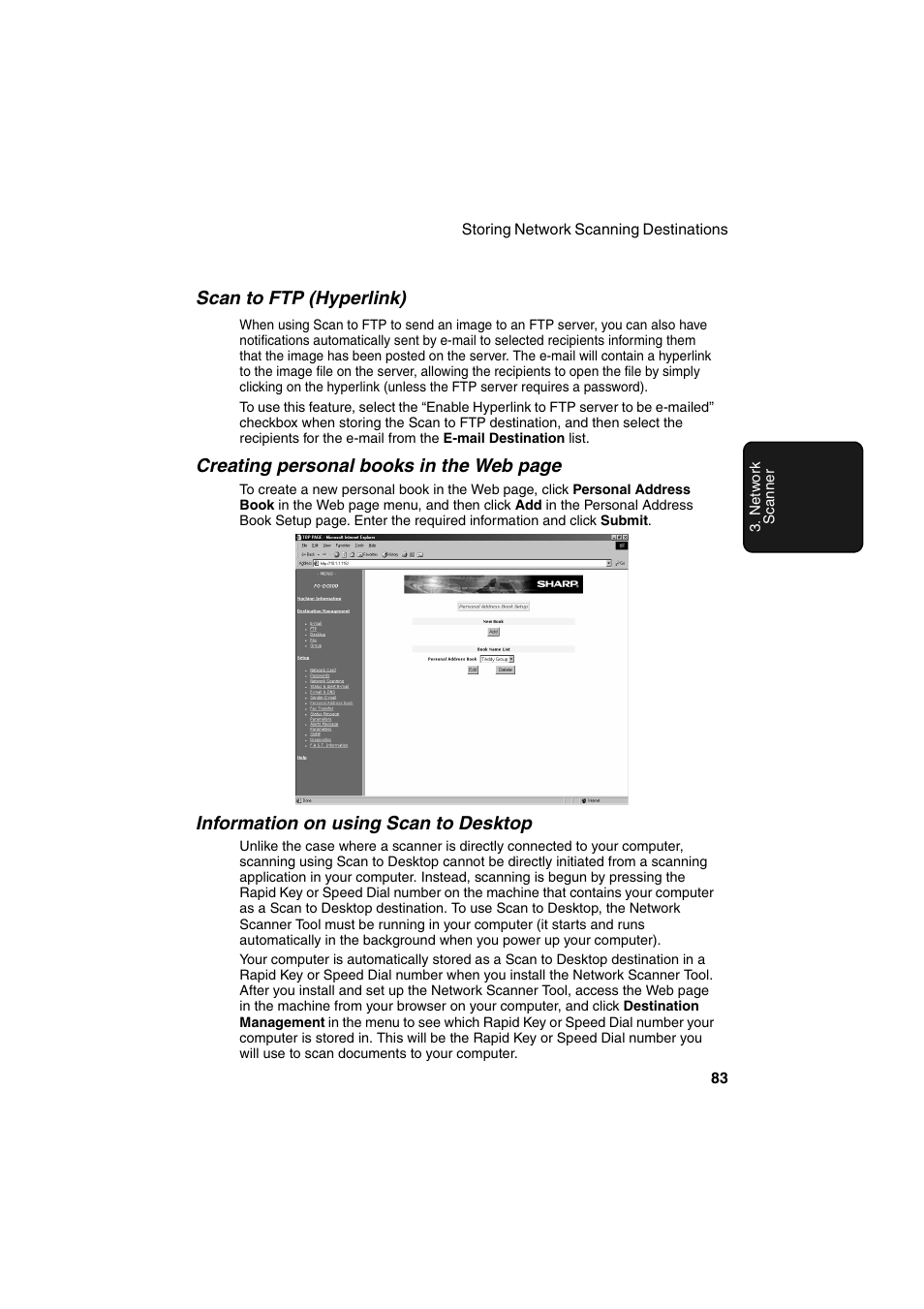 Scan to ftp (hyperlink), Creating personal books in the web page, Information on using scan to desktop | Sharp FO-DC500 User Manual | Page 85 / 236