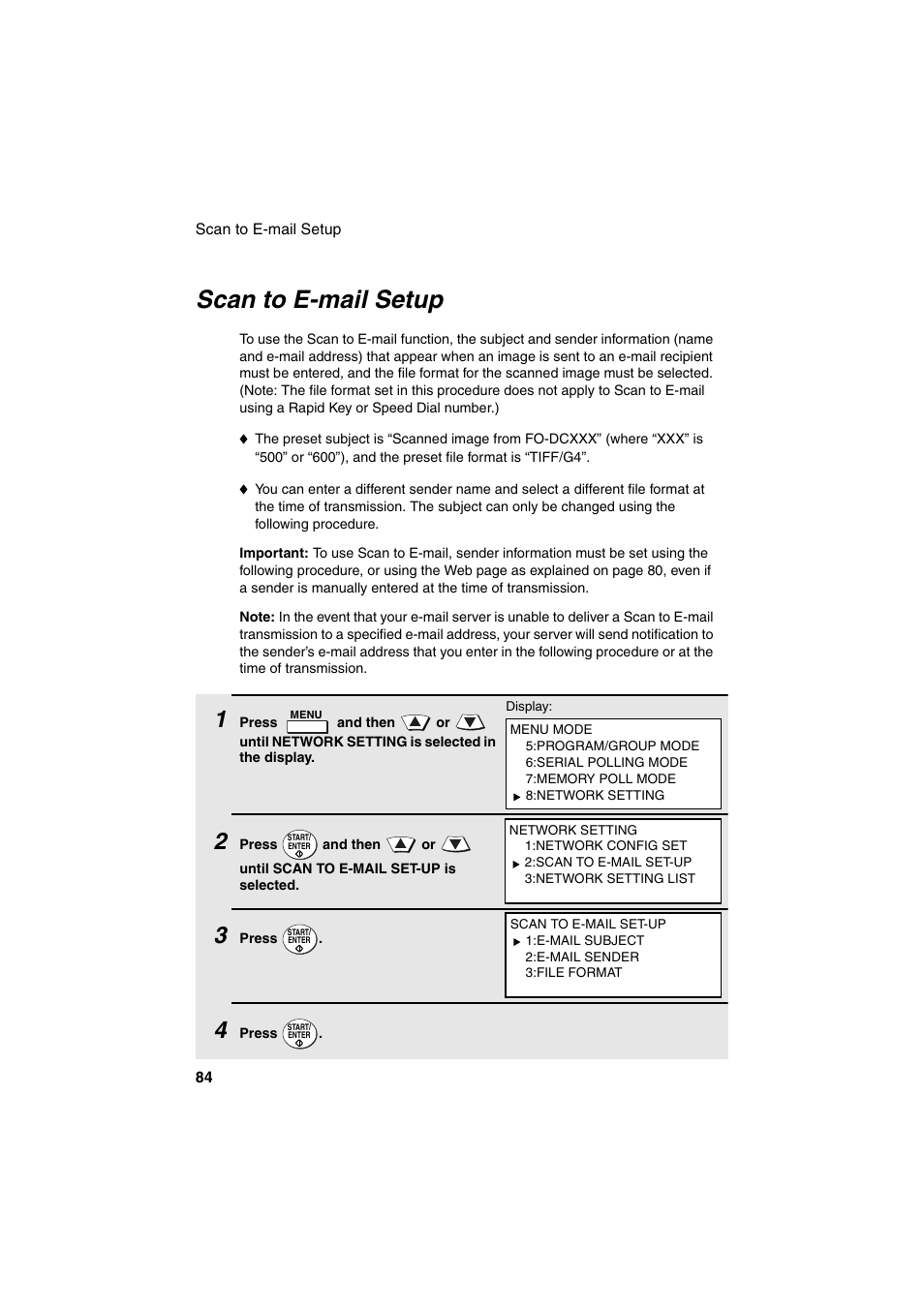 Scan to e-mail setup, Ge 84 | Sharp FO-DC500 User Manual | Page 86 / 236