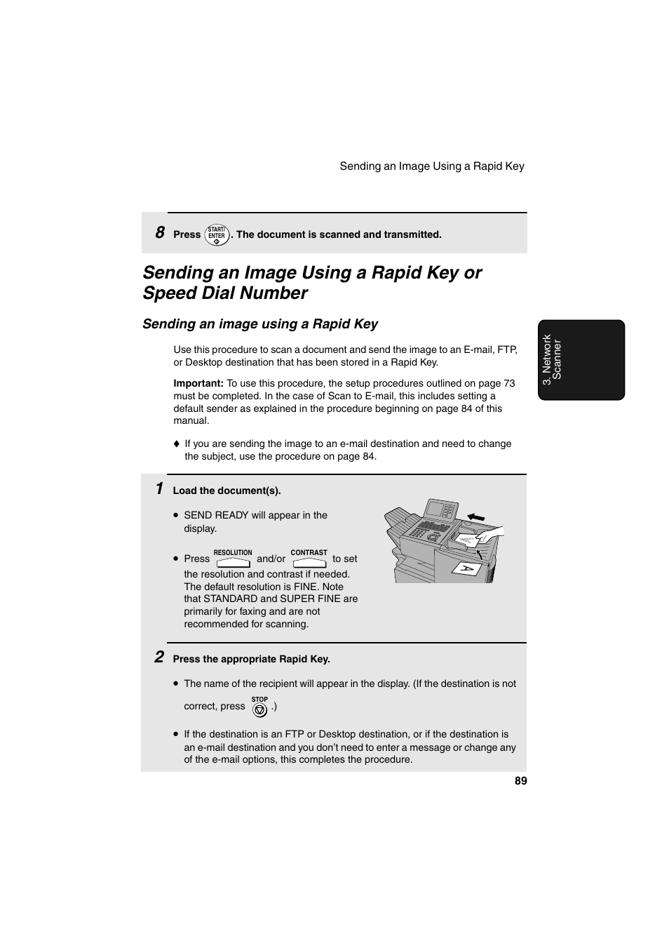 E 89, Ges 89 and, Age 89 | Es 89, Sending an image using a rapid key | Sharp FO-DC500 User Manual | Page 91 / 236