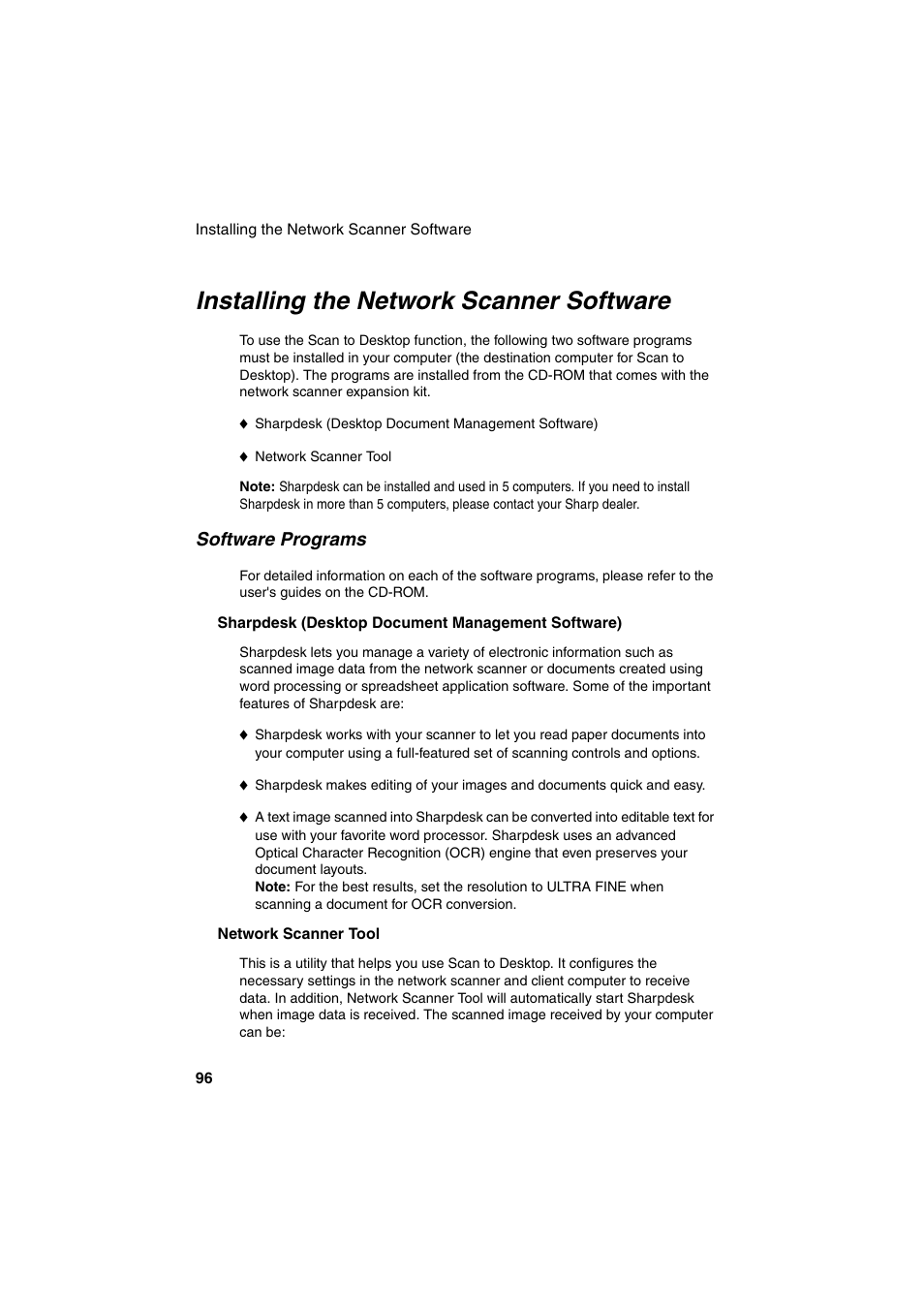 Installing the network scanner software, 96 f | Sharp FO-DC500 User Manual | Page 98 / 236