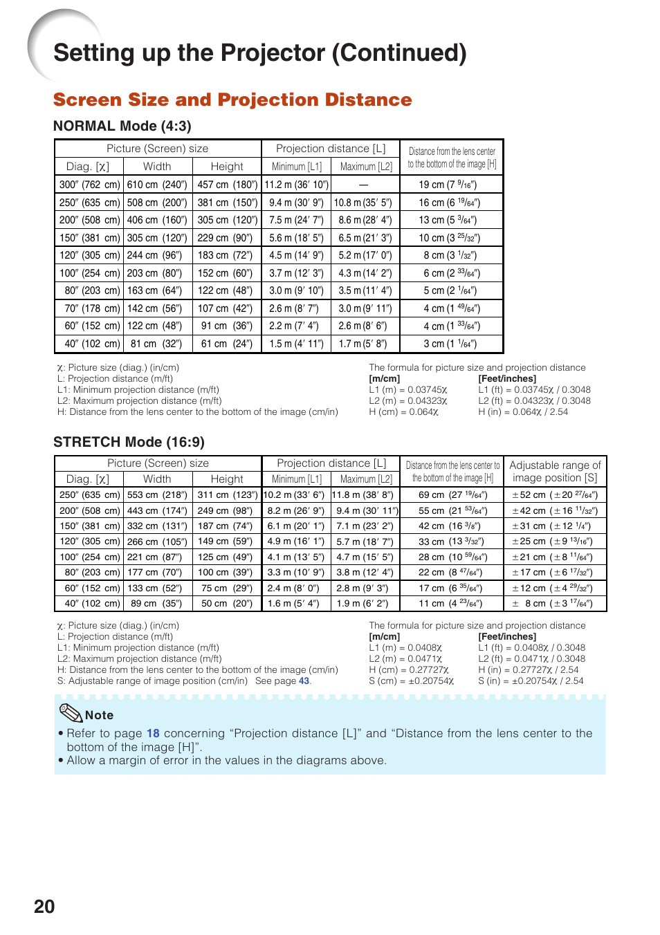 Setting up the projector (continued), Screen size and projection distance, Normal mode (4:3) | Stretch mode (16:9) | Sharp Notevision PG-F262X User Manual | Page 24 / 74