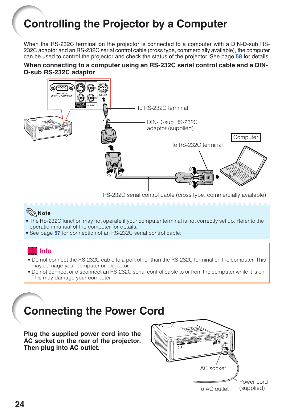 Connecting the power cord, Controlling the projector by a computer | Sharp Notevision PG-F262X User Manual | Page 28 / 74