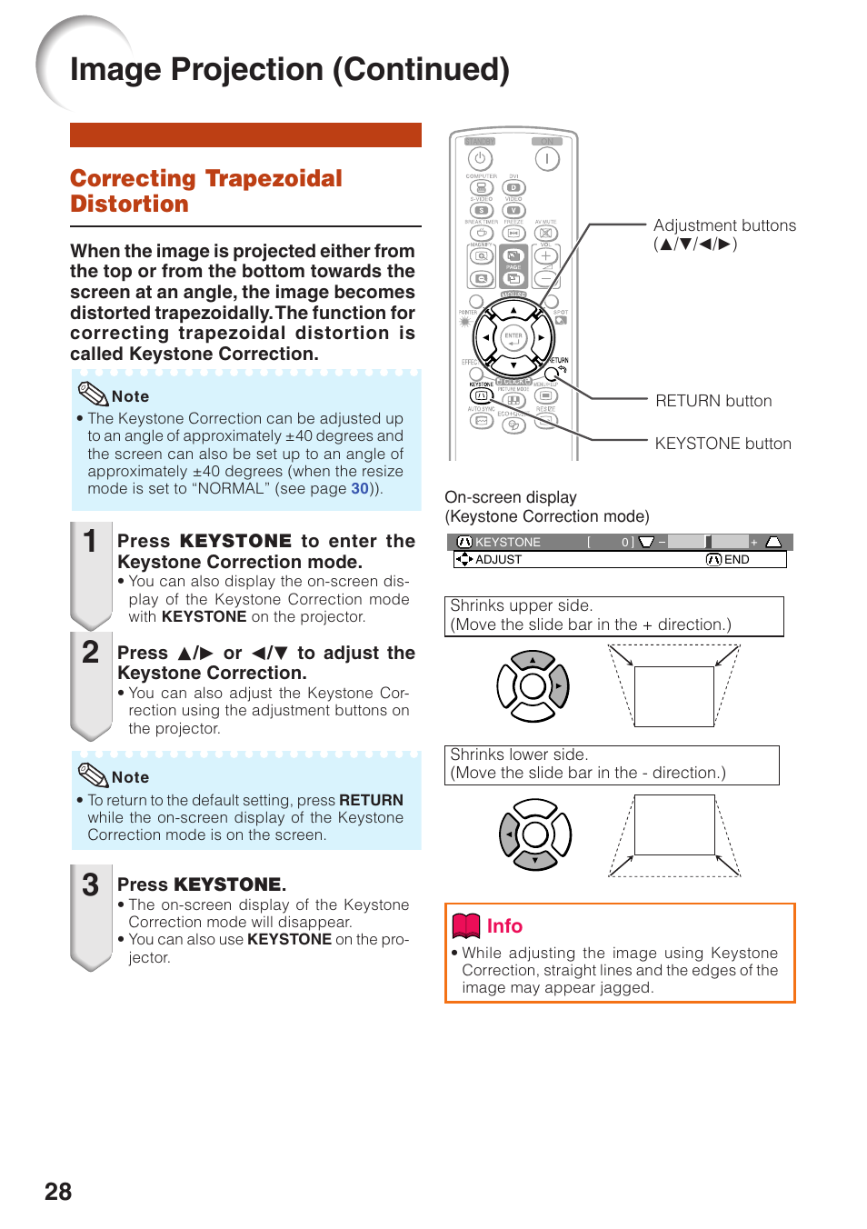 Image projection (continued), Correcting trapezoidal distortion | Sharp Notevision PG-F262X User Manual | Page 32 / 74