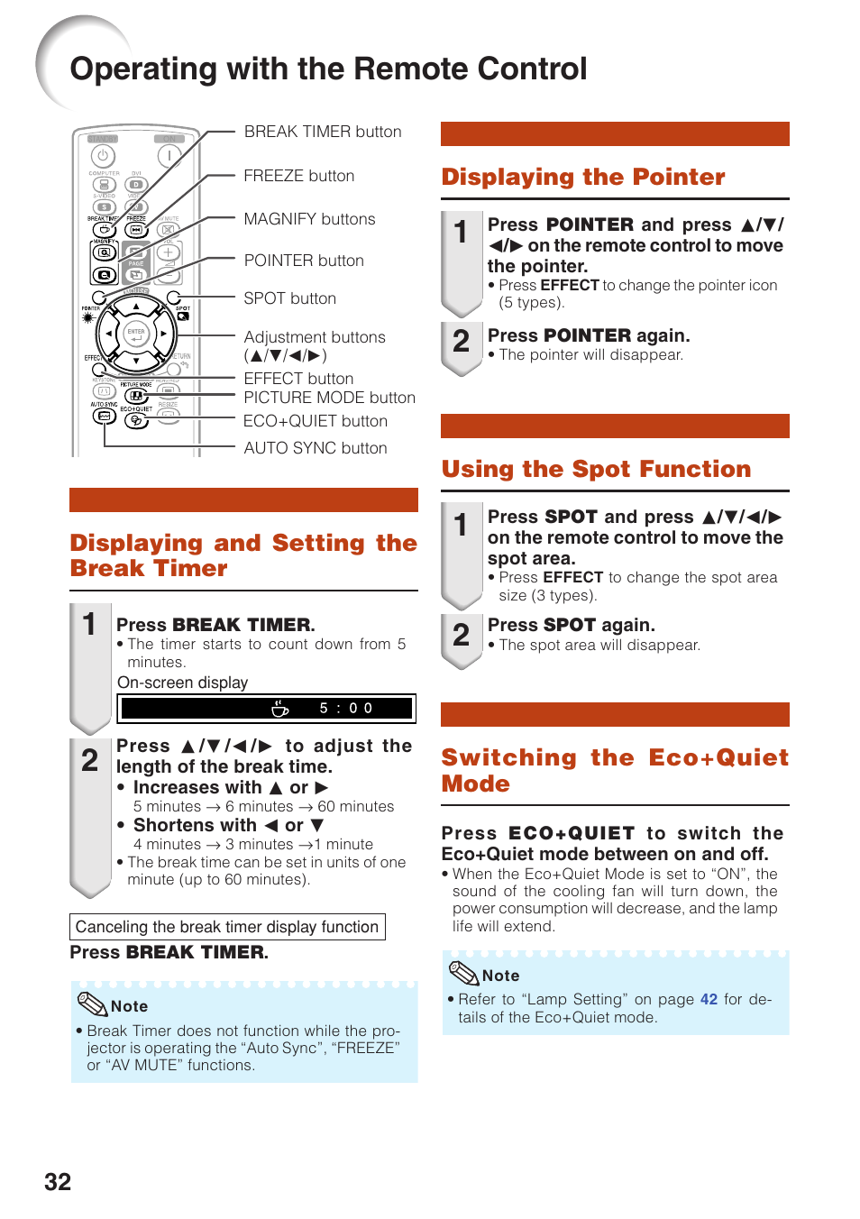 Operating with the remote control, Displaying and setting the break timer, Switching the eco+quiet mode | Displaying the pointer, Using the spot function | Sharp Notevision PG-F262X User Manual | Page 36 / 74