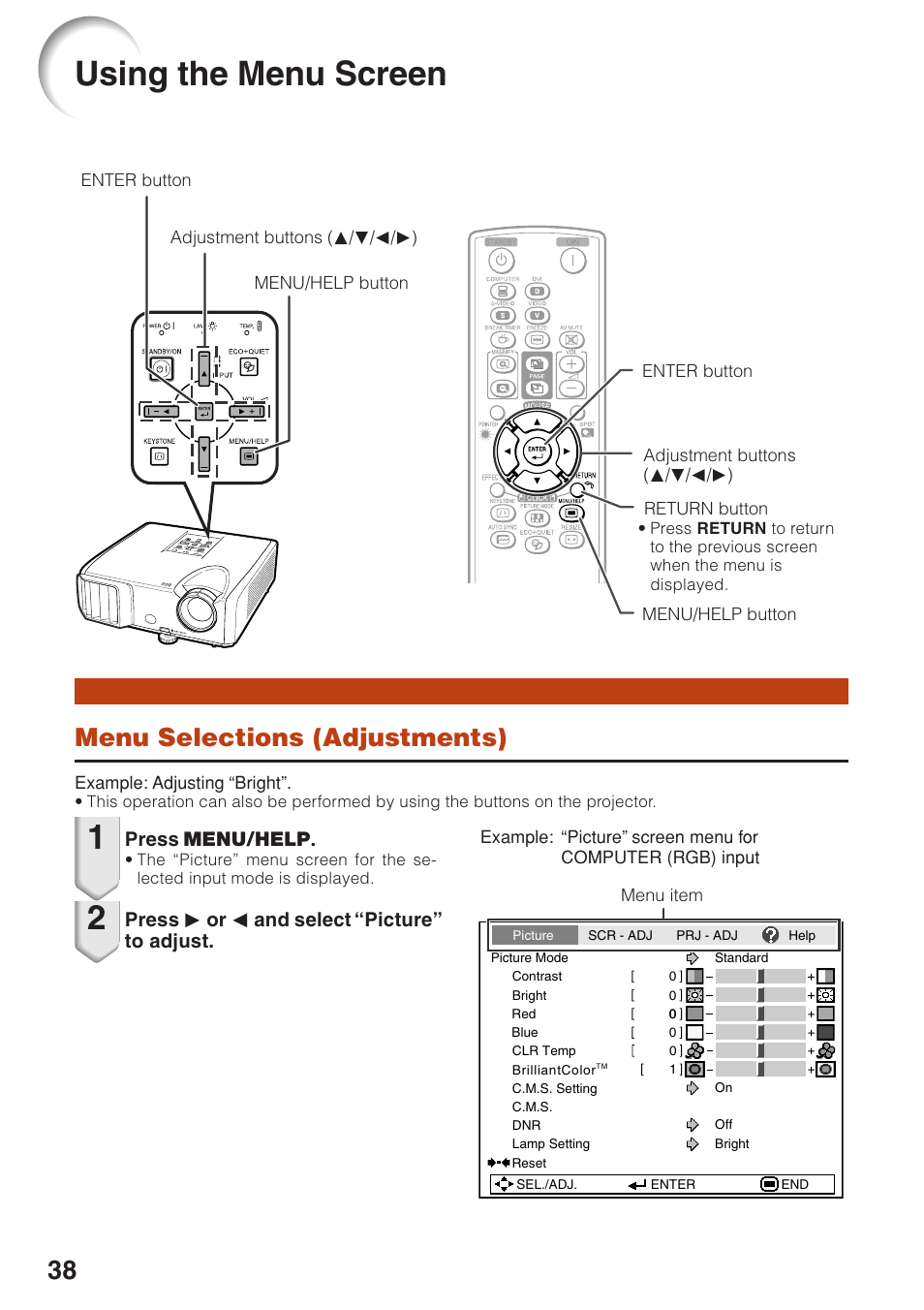 Using the menu screen, Menu selections (adjustments), Press menu/help | Press q or o and select “picture” to adjust | Sharp Notevision PG-F262X User Manual | Page 42 / 74