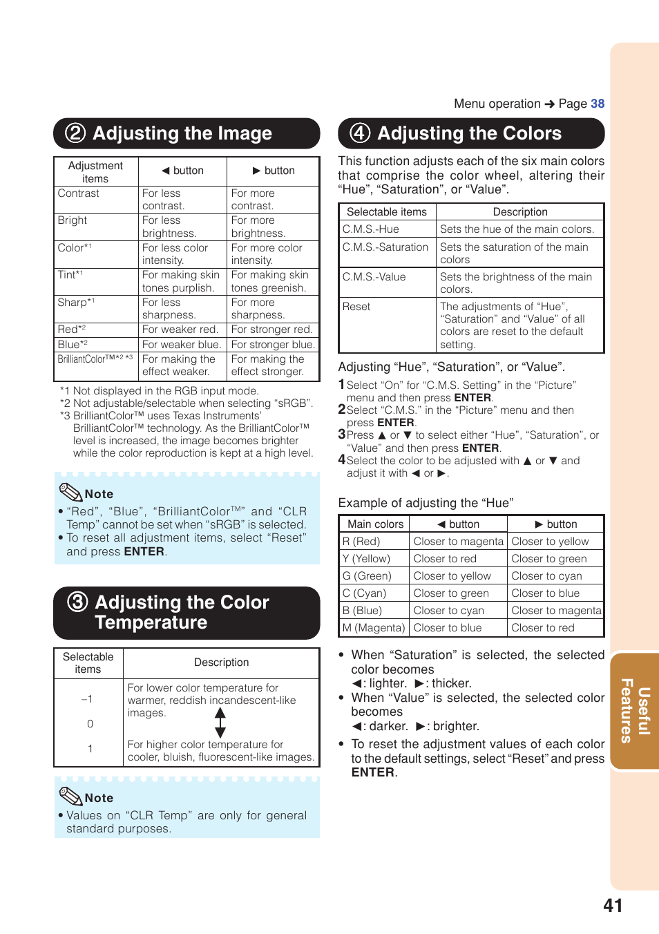 22 adjusting the image, 33 adjusting the color temperature, 44 adjusting the colors | Useful features | Sharp Notevision PG-F262X User Manual | Page 45 / 74