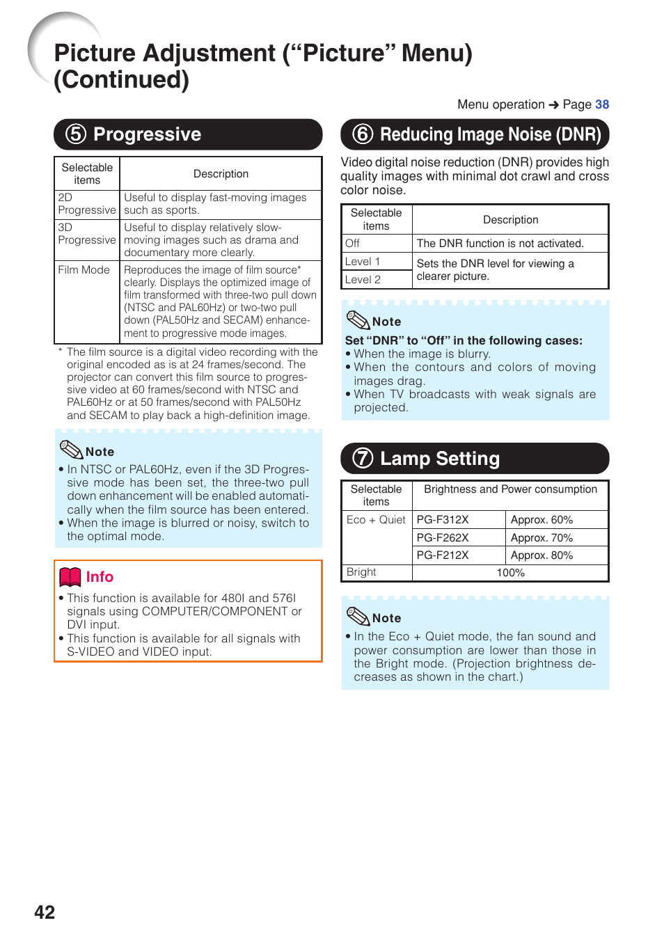 Picture adjustment (“picture” menu) (continued), 77 lamp setting, 66 reducing image noise (dnr) | Sharp Notevision PG-F262X User Manual | Page 46 / 74