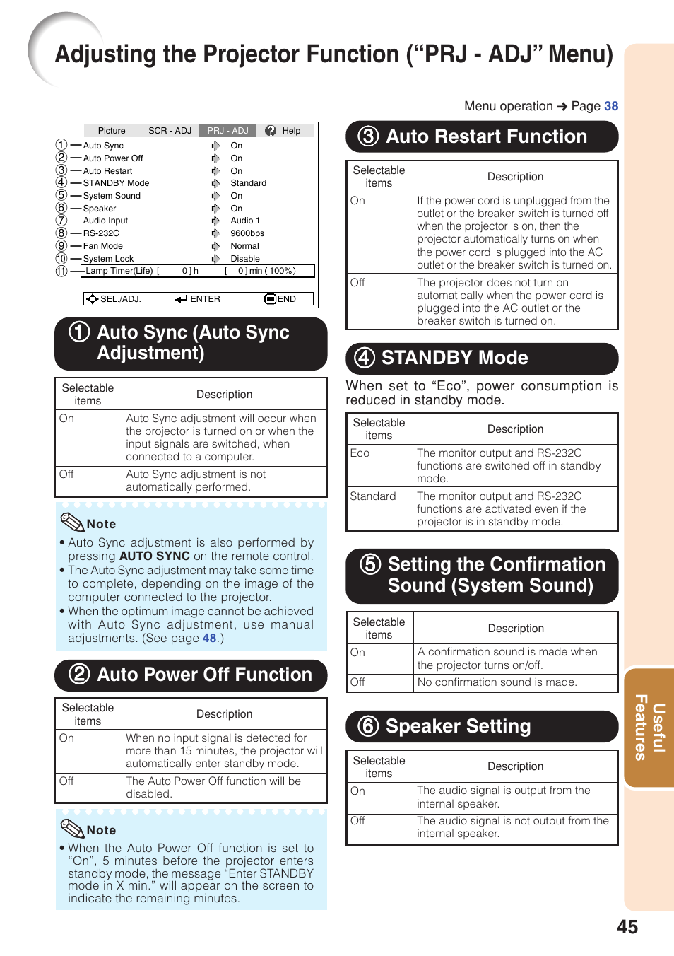44 standby mode, Useful features | Sharp Notevision PG-F262X User Manual | Page 49 / 74