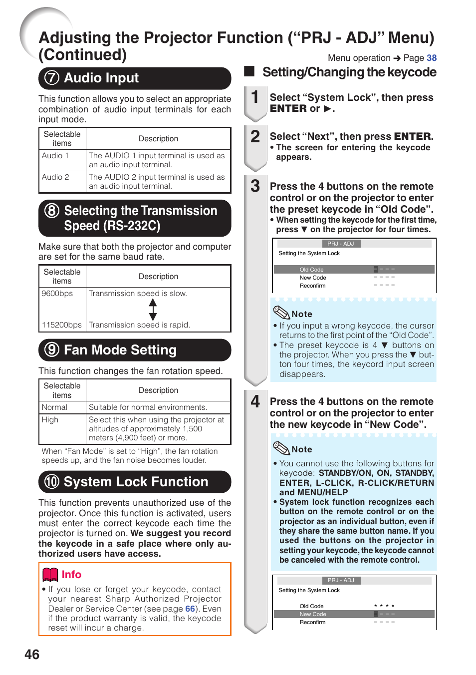 66 monitor output, 00 system lock function, 99 fan mode setting | 77 audio input, A setting/changing the keycode | Sharp Notevision PG-F262X User Manual | Page 50 / 74