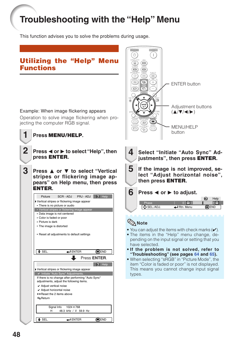 Troubleshooting with the “help” menu, Utilizing the “help” menu functions, Press menu/help | Press o or q to select “help”, then press enter | Sharp Notevision PG-F262X User Manual | Page 52 / 74