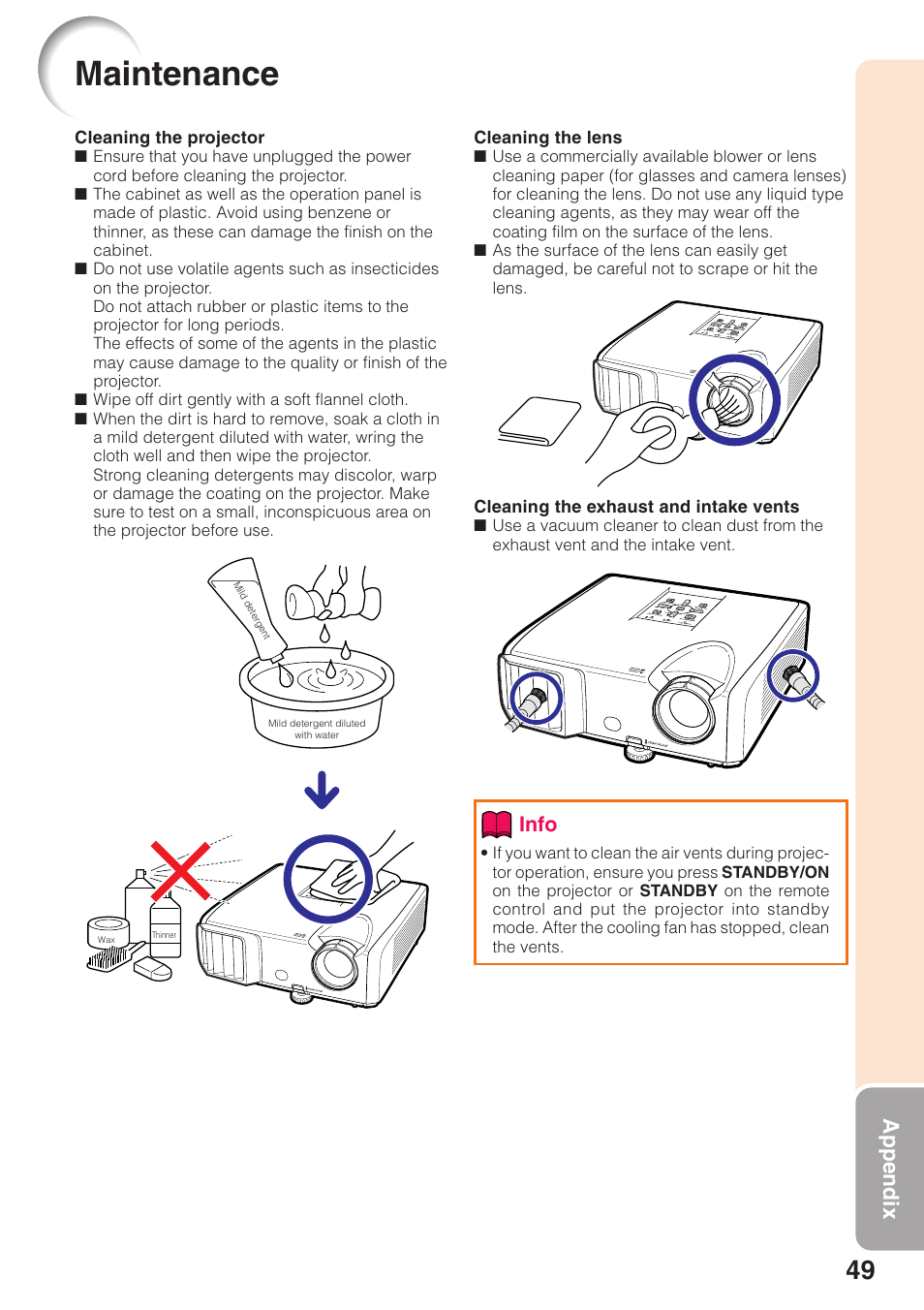 Maintenance, Appendix, Info | Sharp Notevision PG-F262X User Manual | Page 53 / 74