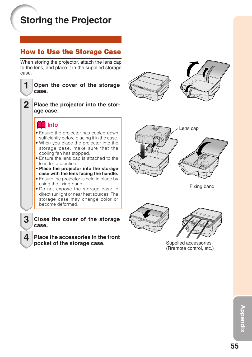 Storing the projector, How to use the storage case | Sharp Notevision PG-F262X User Manual | Page 59 / 74