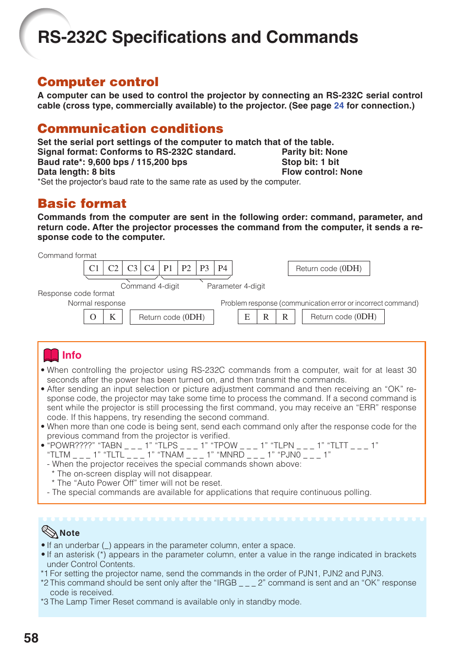 Rs-232c specifications and commands, Computer control, Communication conditions | Basic format | Sharp Notevision PG-F262X User Manual | Page 62 / 74