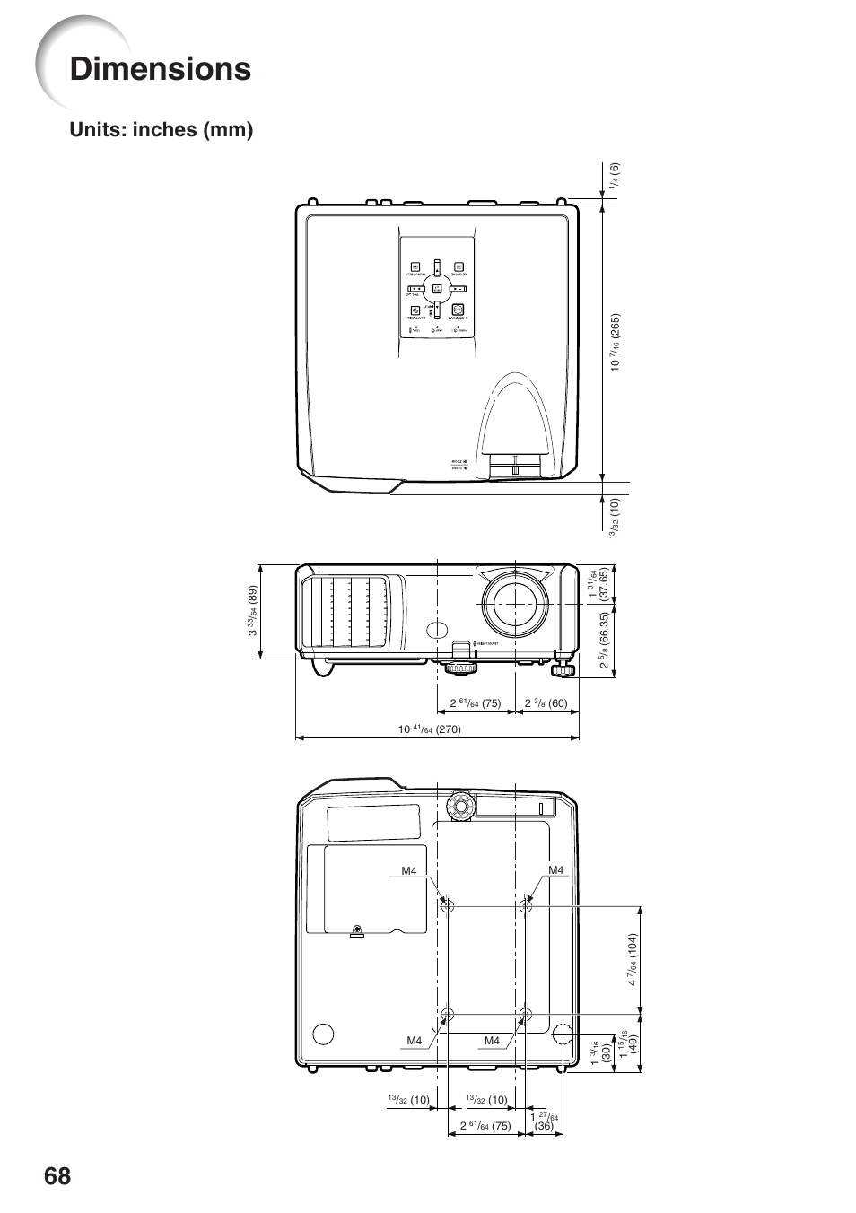 Dimensions, Units: inches (mm) | Sharp Notevision PG-F262X User Manual | Page 72 / 74