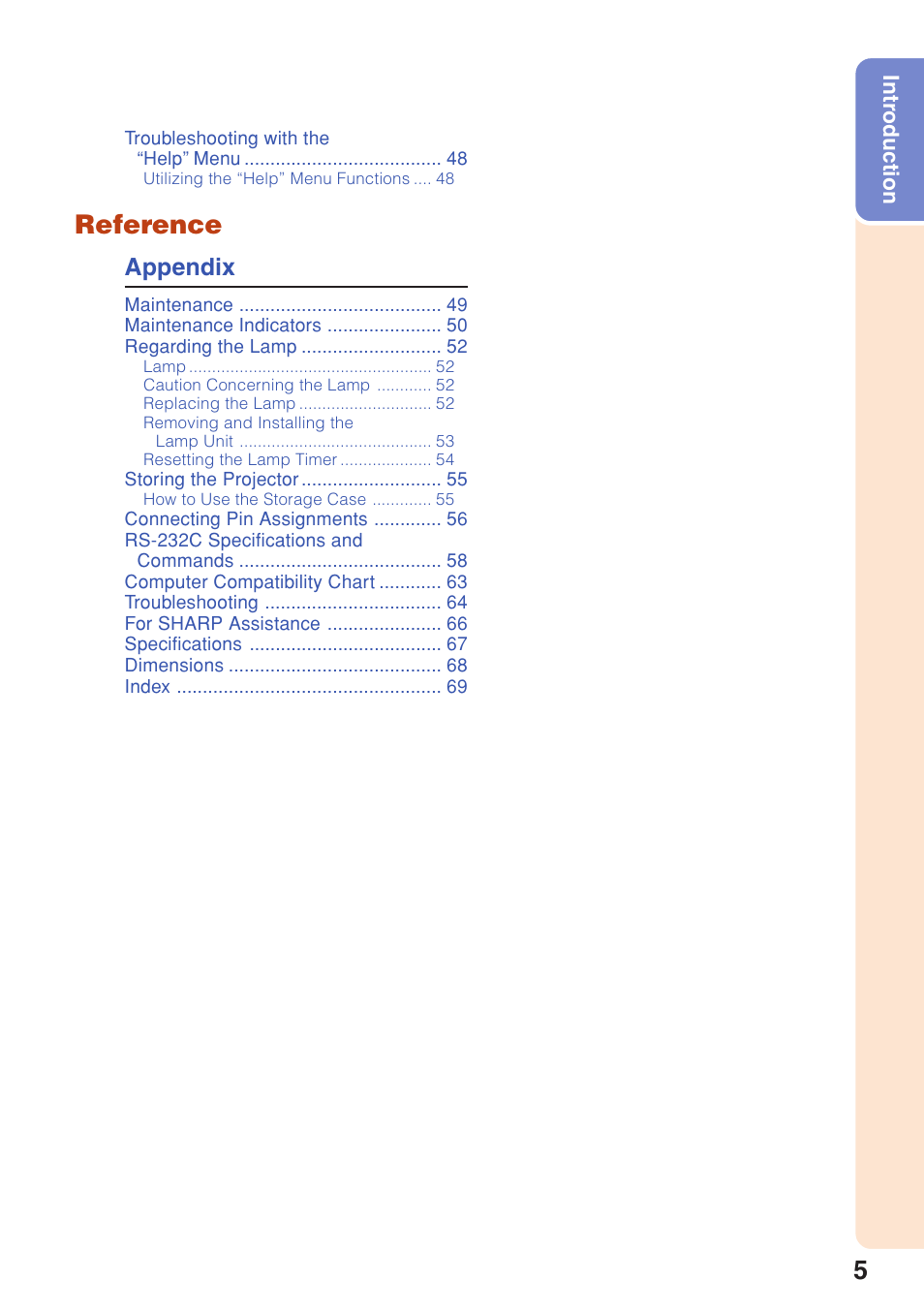 Reference, Appendix | Sharp Notevision PG-F262X User Manual | Page 9 / 74