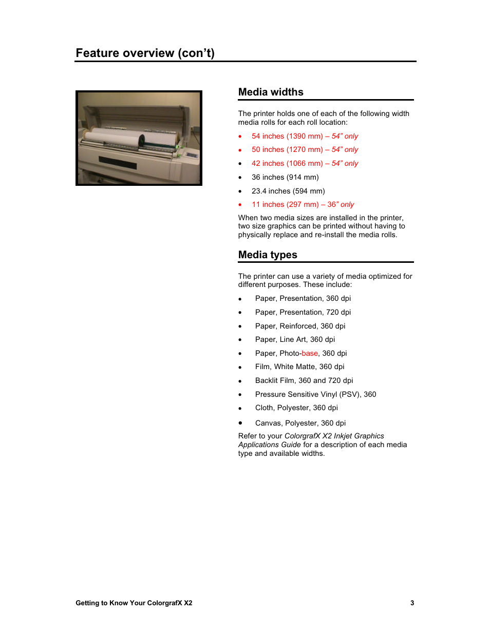 Feature overview (con’t), Media widths, Media types | Sharp X2 User Manual | Page 15 / 75