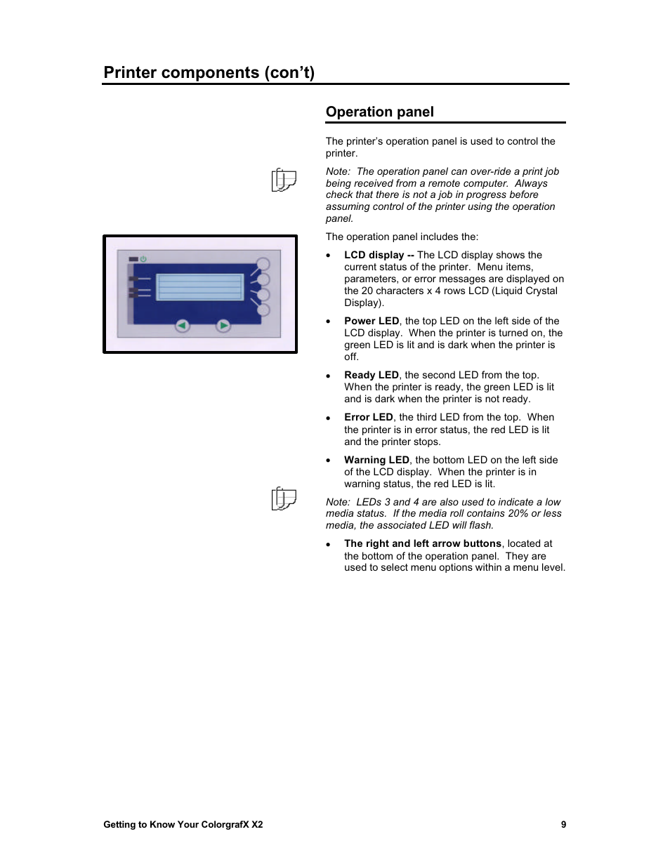 Printer components (con’t), Operation panel | Sharp X2 User Manual | Page 21 / 75
