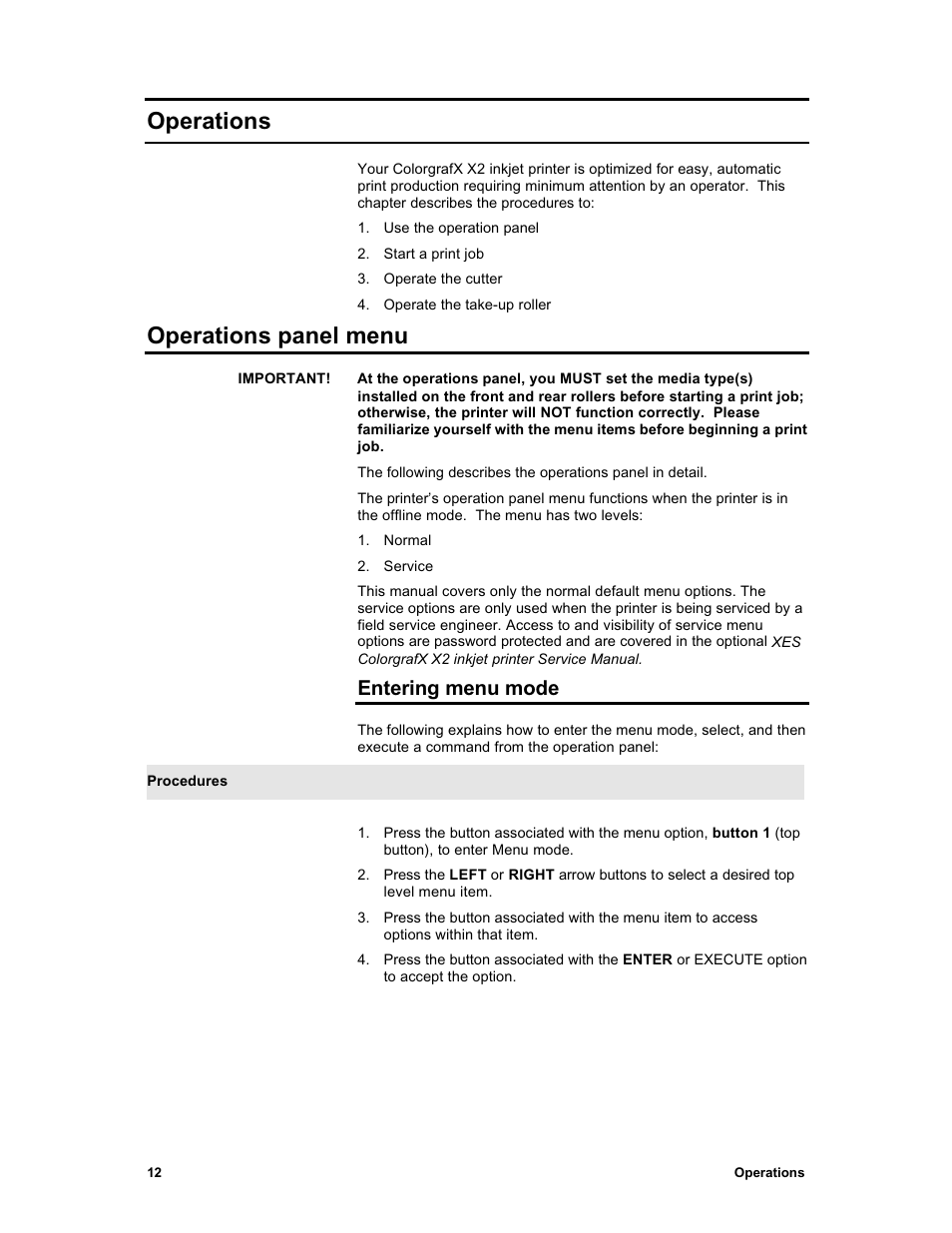 Operations, Operations panel menu, Entering menu mode | Sharp X2 User Manual | Page 24 / 75
