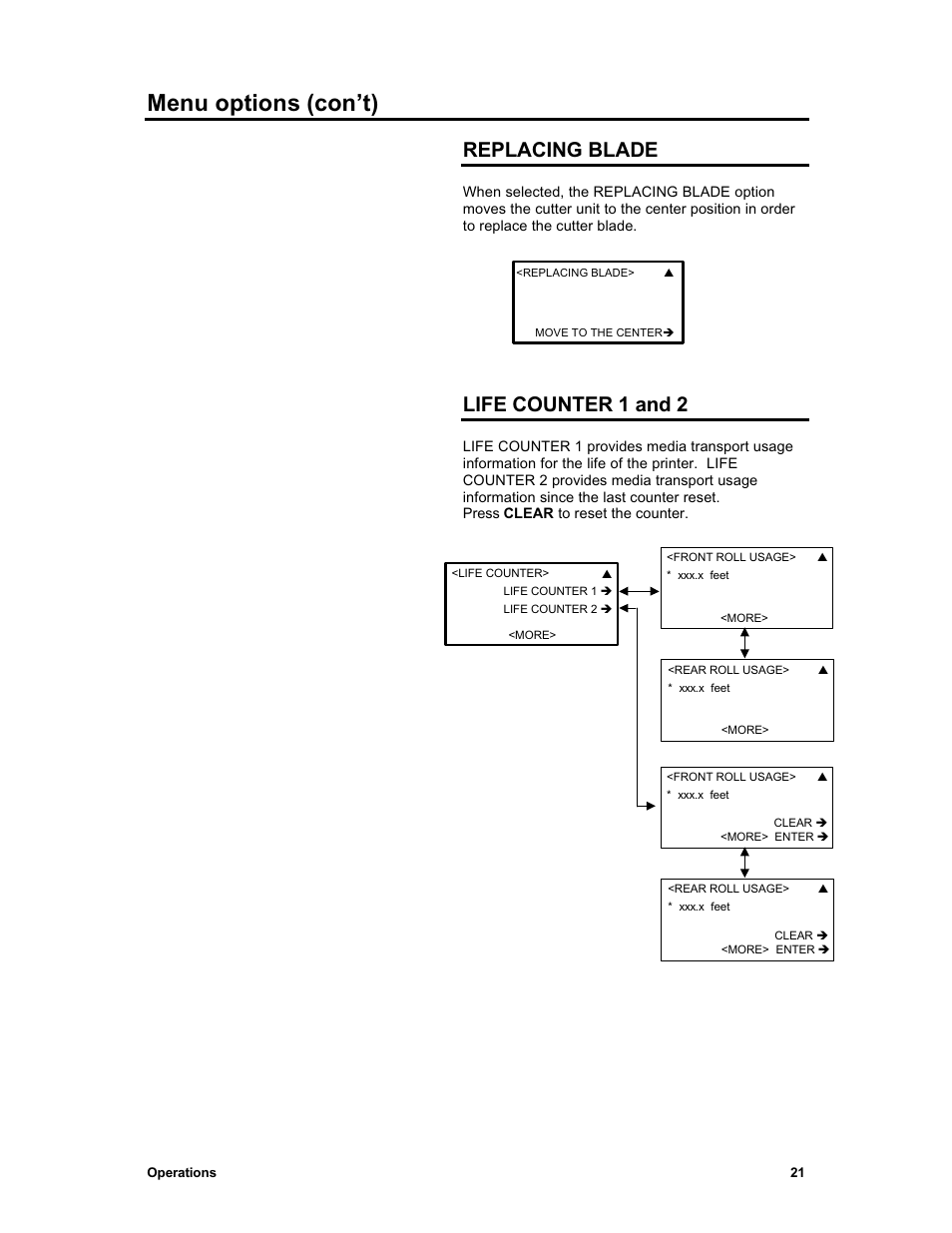 Menu options (con’t), Replacing blade, Life counter 1 and 2 | Sharp X2 User Manual | Page 33 / 75