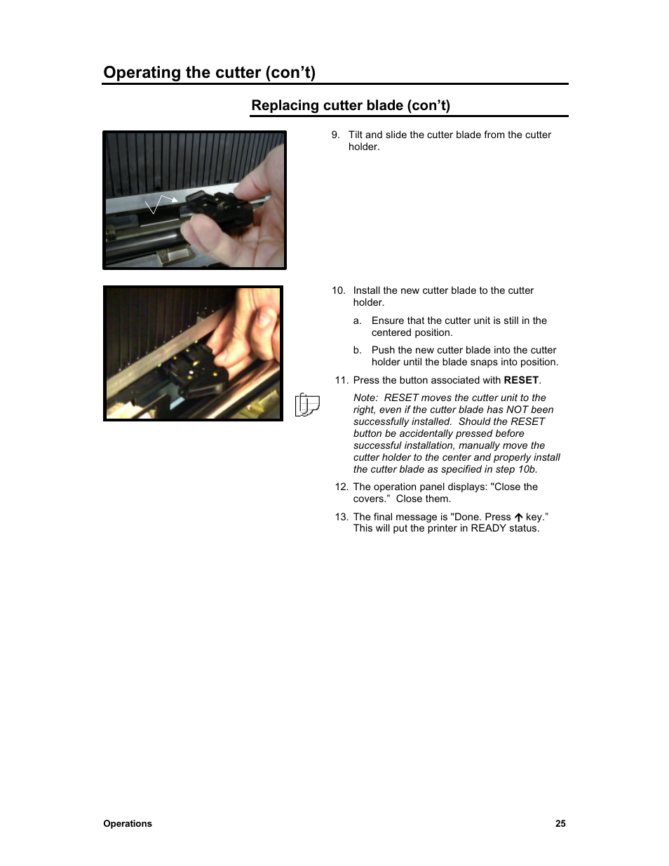 Operating the cutter (con’t), Replacing cutter blade (con’t) | Sharp X2 User Manual | Page 37 / 75
