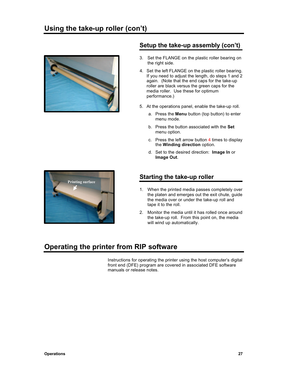Using the take-up roller (con’t), Operating the printer from rip software, Setup the take-up assembly (con’t) | Starting the take-up roller | Sharp X2 User Manual | Page 39 / 75