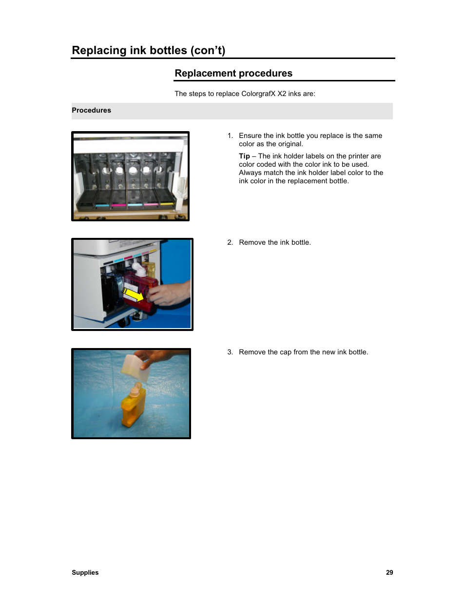 Replacing ink bottles (con’t), Replacement procedures | Sharp X2 User Manual | Page 41 / 75