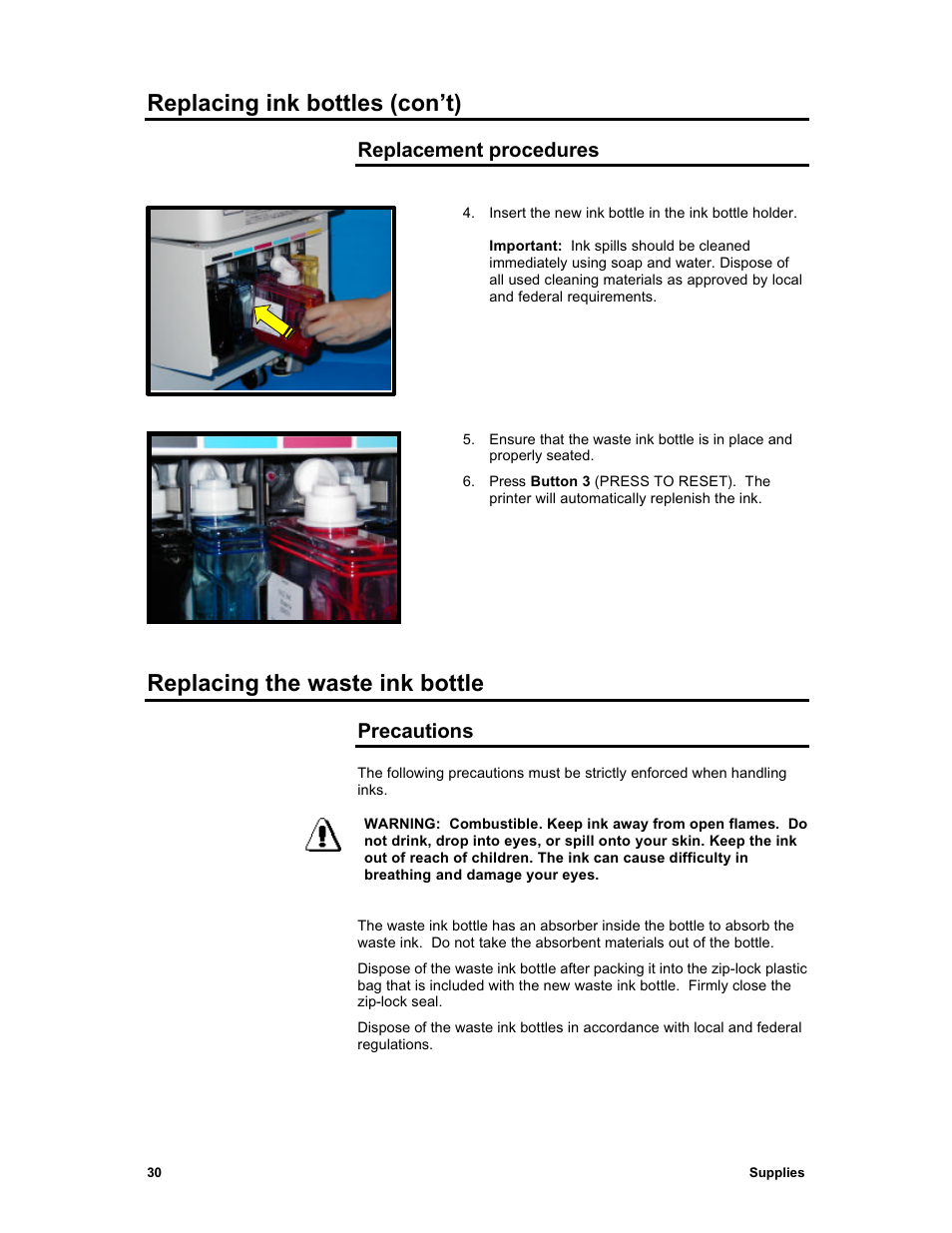 Replacing ink bottles (con’t), Replacing the waste ink bottle, Replacement procedures | Precautions | Sharp X2 User Manual | Page 42 / 75