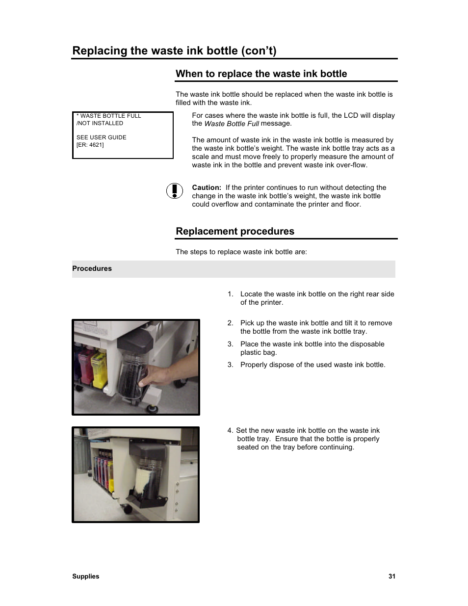 Replacing the waste ink bottle (con’t), When to replace the waste ink bottle, Replacement procedures | Sharp X2 User Manual | Page 43 / 75