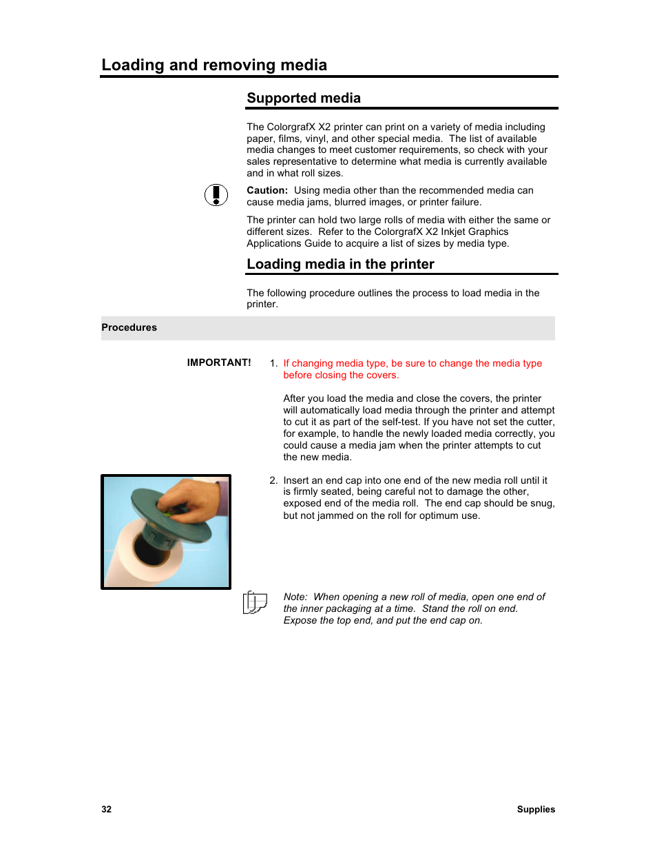 Loading and removing media, Supported media, Loading media in the printer | Sharp X2 User Manual | Page 44 / 75