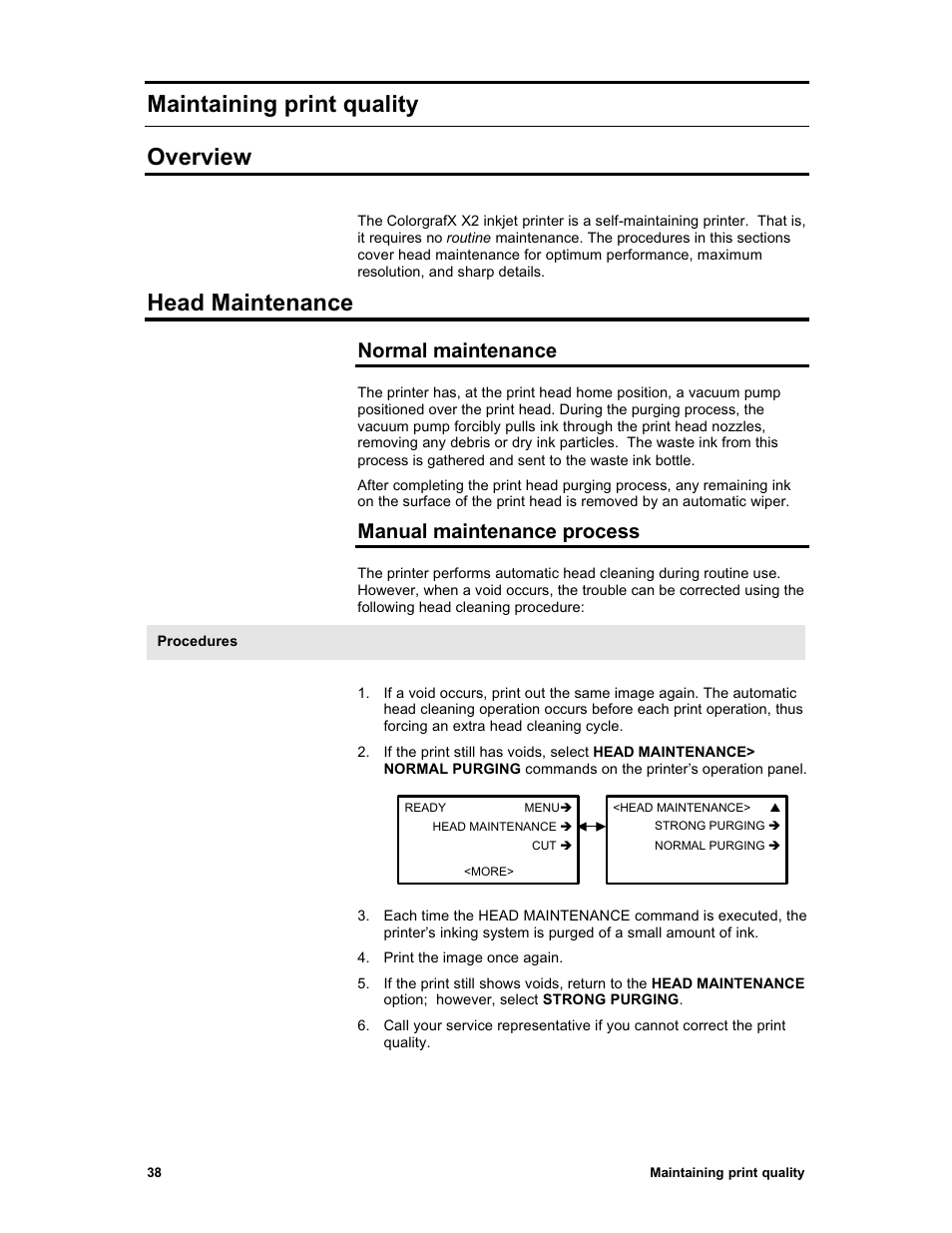Maintaining print quality overview, Head maintenance, Normal maintenance | Manual maintenance process | Sharp X2 User Manual | Page 50 / 75