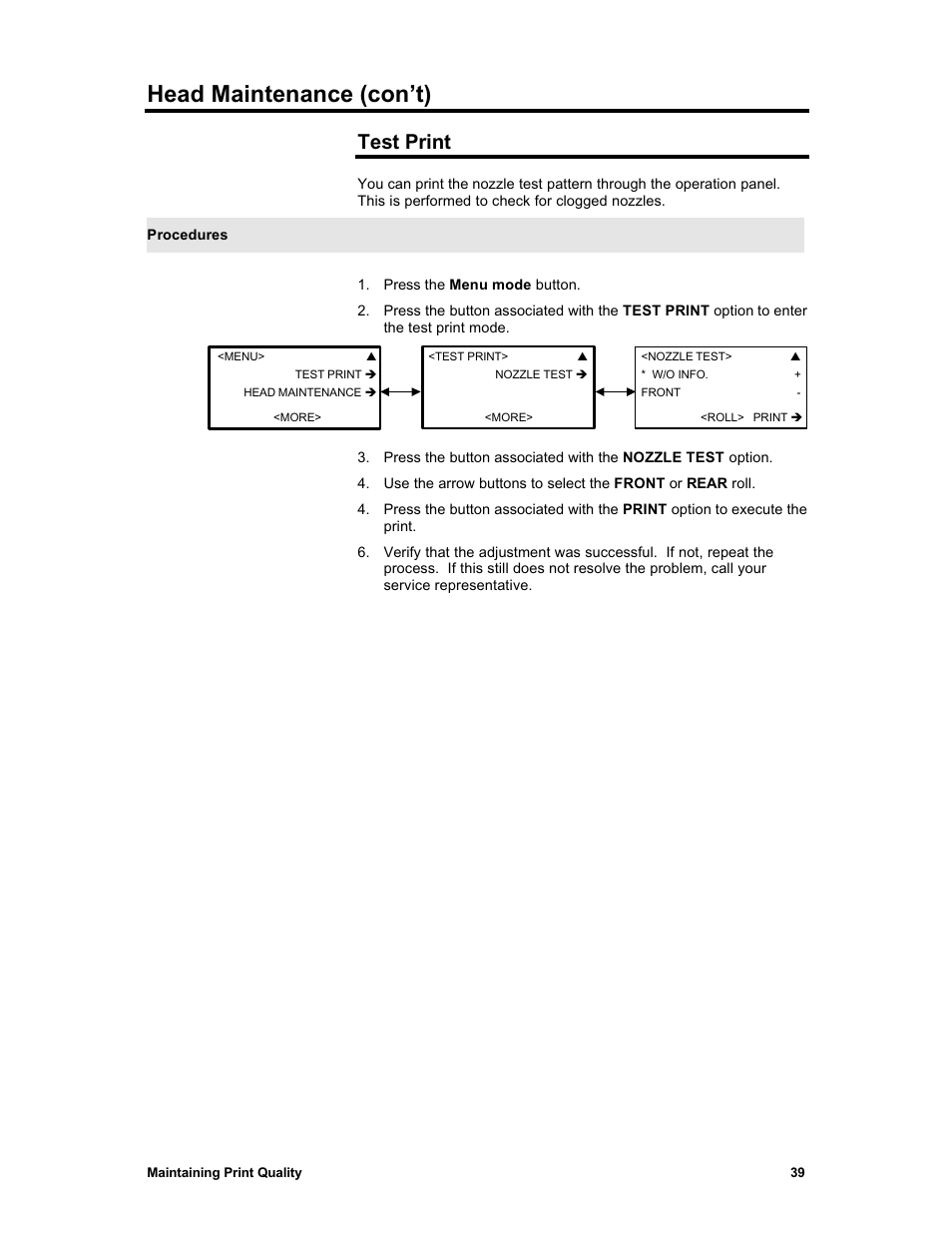Head maintenance (con’t), Test print | Sharp X2 User Manual | Page 51 / 75