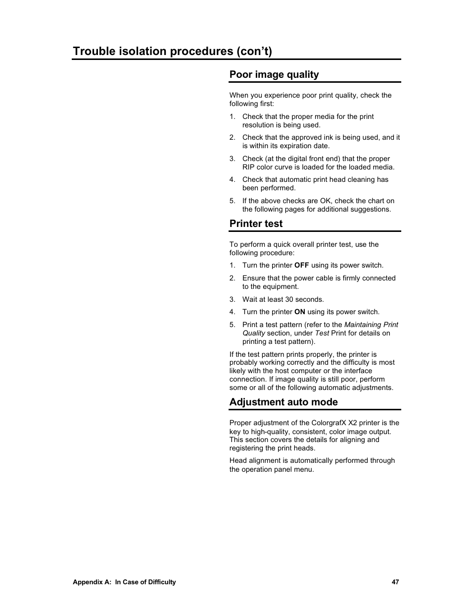 Trouble isolation procedures (con’t), Poor image quality, Printer test | Adjustment auto mode | Sharp X2 User Manual | Page 59 / 75