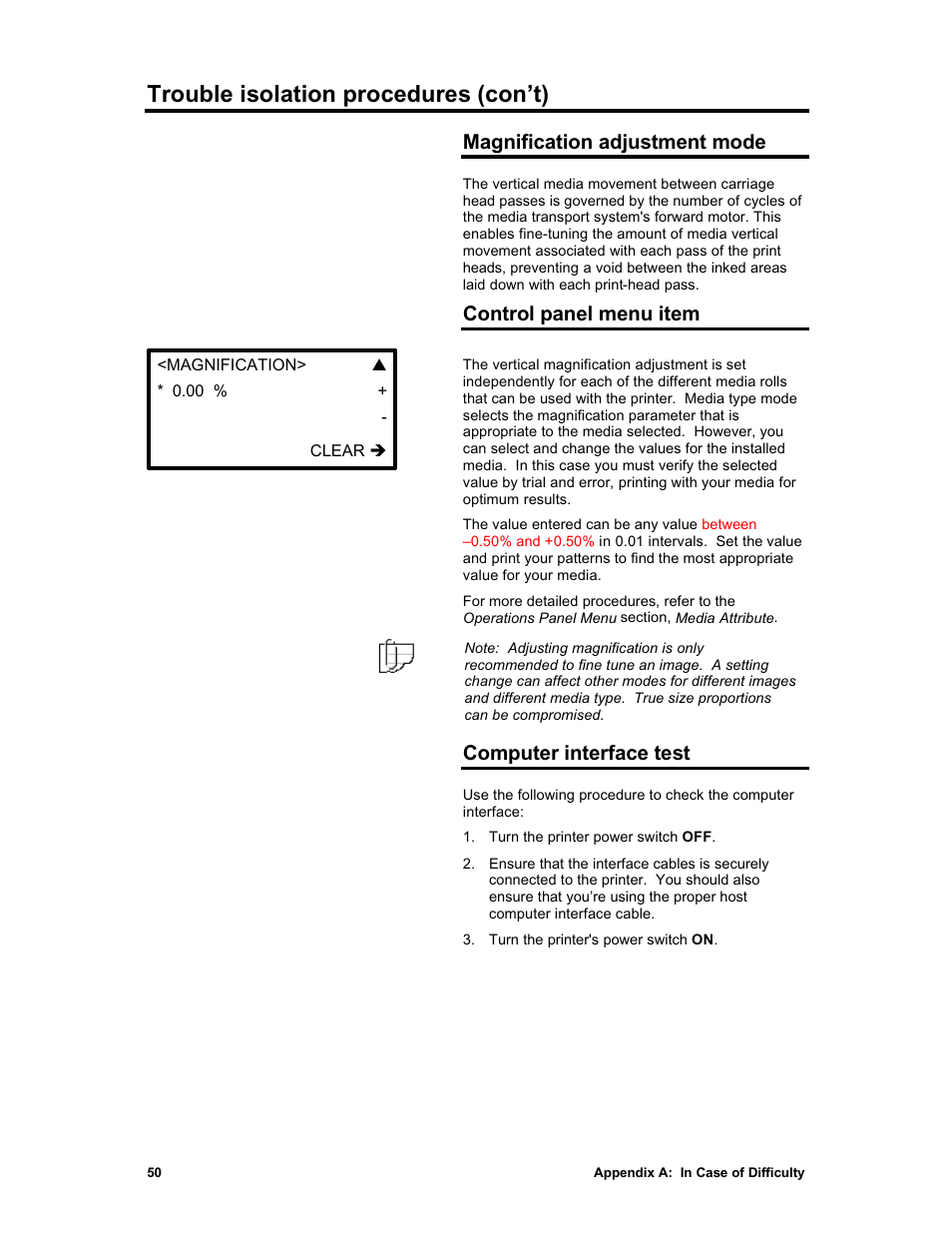 Trouble isolation procedures (con’t), Magnification adjustment mode, Control panel menu item | Computer interface test | Sharp X2 User Manual | Page 62 / 75