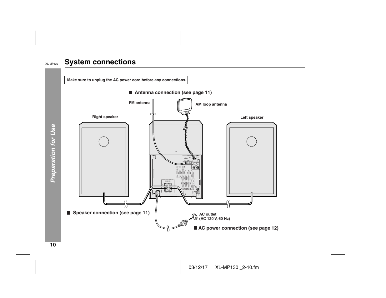 System connections, Preparation for use, Speaker connection (see page 11) | Sharp XL-MP130 User Manual | Page 10 / 42