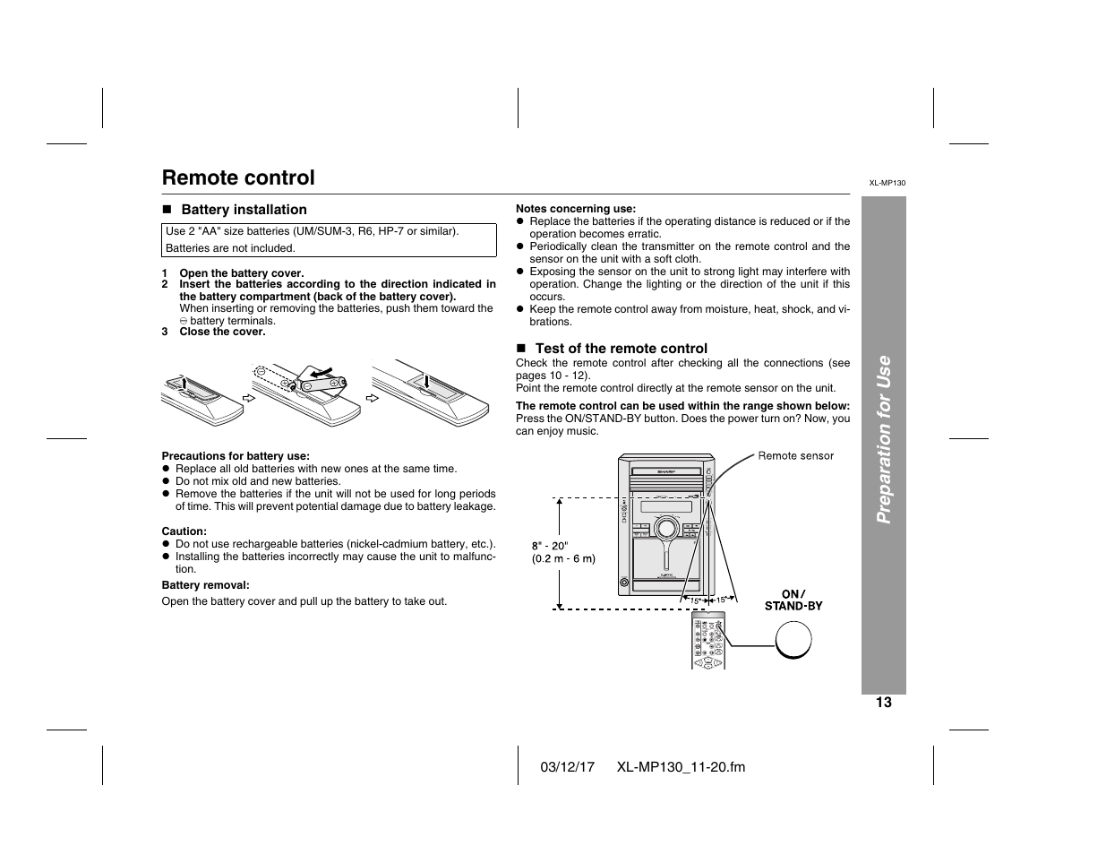 Remote control, Preparation for use | Sharp XL-MP130 User Manual | Page 13 / 42