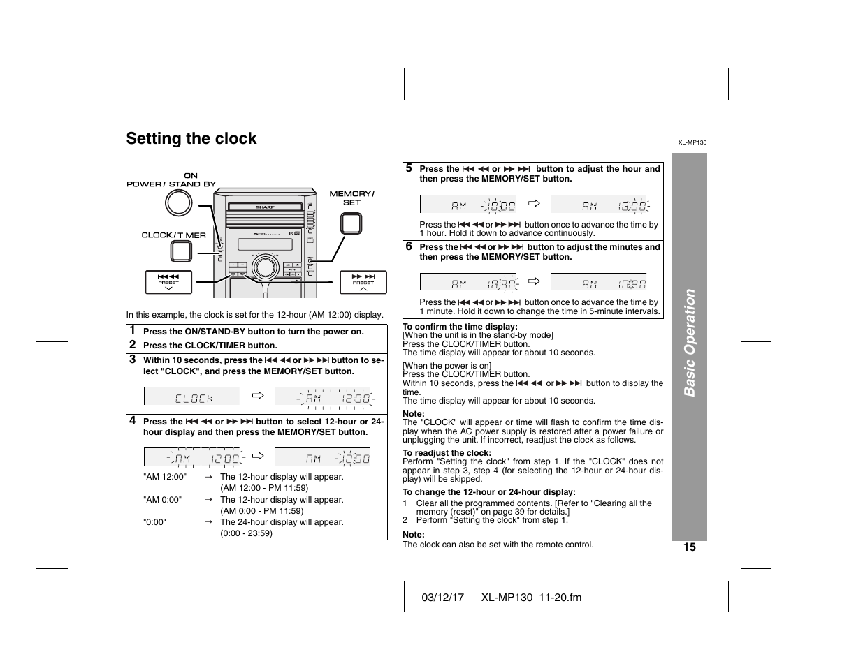 Setting the clock, Basic operation | Sharp XL-MP130 User Manual | Page 15 / 42