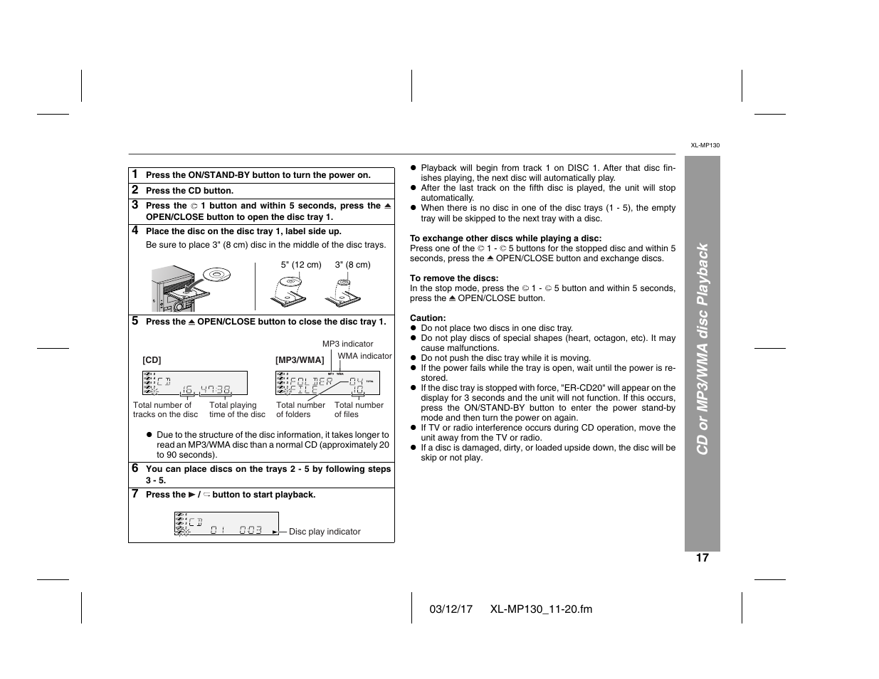 Cd or mp3/wma disc playback | Sharp XL-MP130 User Manual | Page 17 / 42