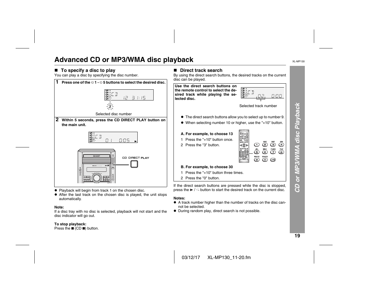 Advanced cd or mp3/wma disc playback, Cd or mp3/wma disc playback | Sharp XL-MP130 User Manual | Page 19 / 42