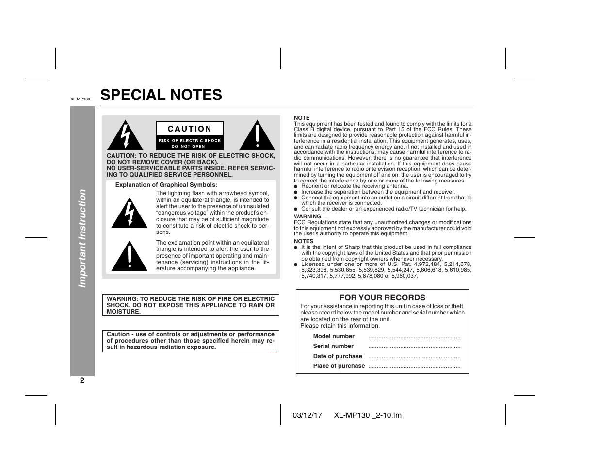 Important instruction | Sharp XL-MP130 User Manual | Page 2 / 42