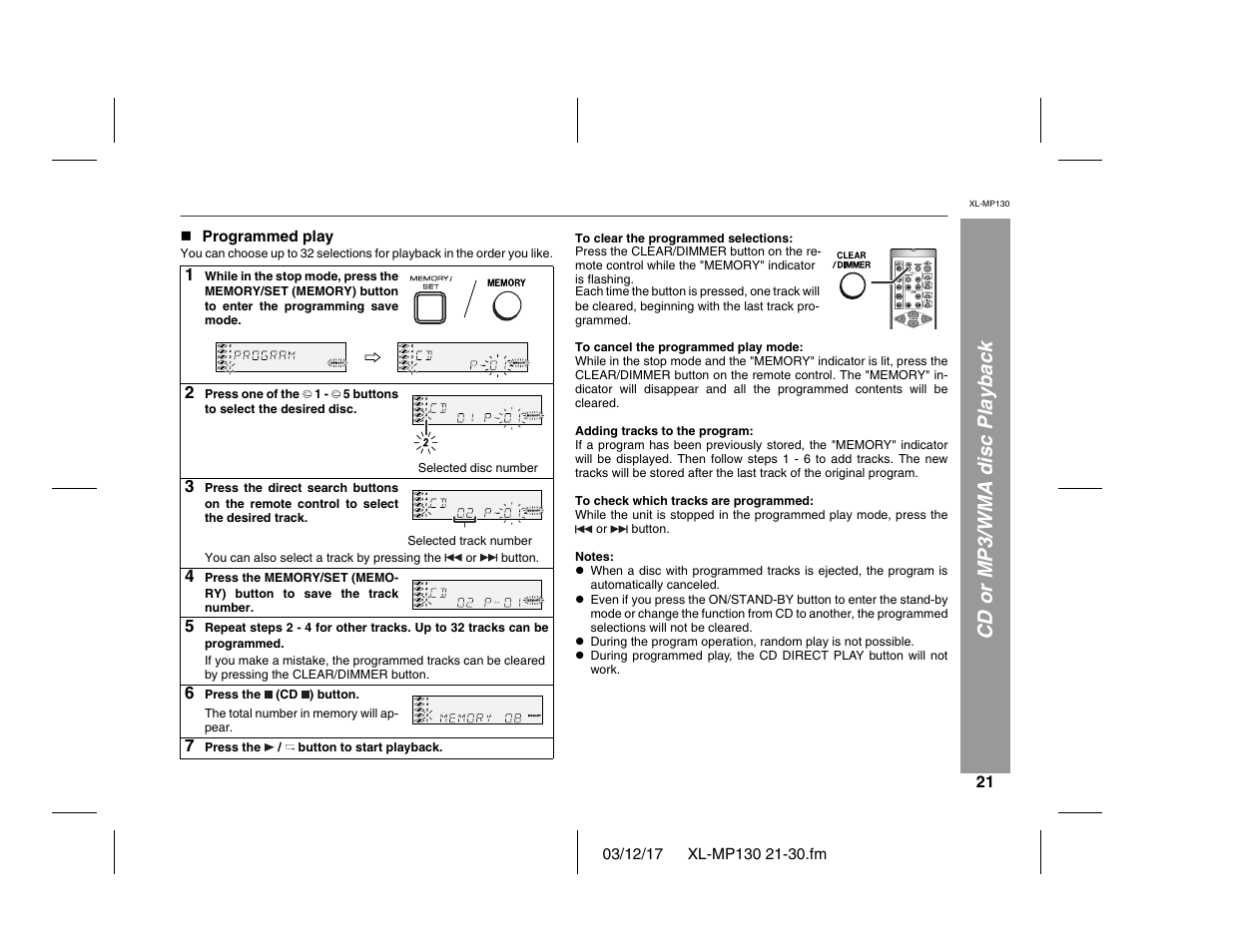 Cd or mp3/wma disc playback | Sharp XL-MP130 User Manual | Page 21 / 42