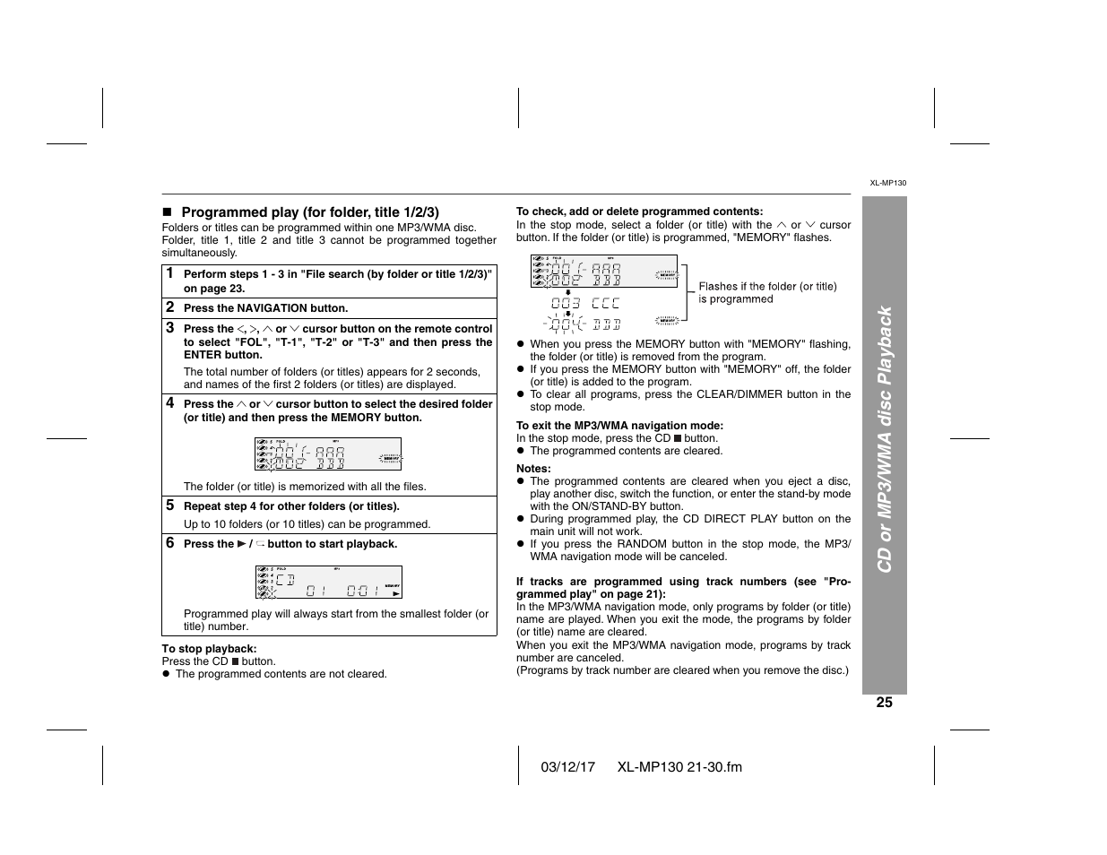 Cd or mp3/wma disc playback | Sharp XL-MP130 User Manual | Page 25 / 42