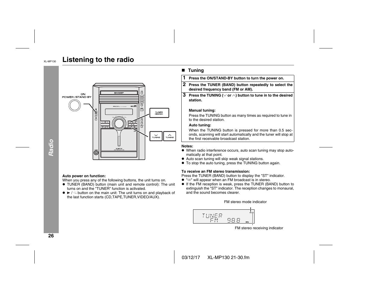 Listening to the radio, Radio | Sharp XL-MP130 User Manual | Page 26 / 42